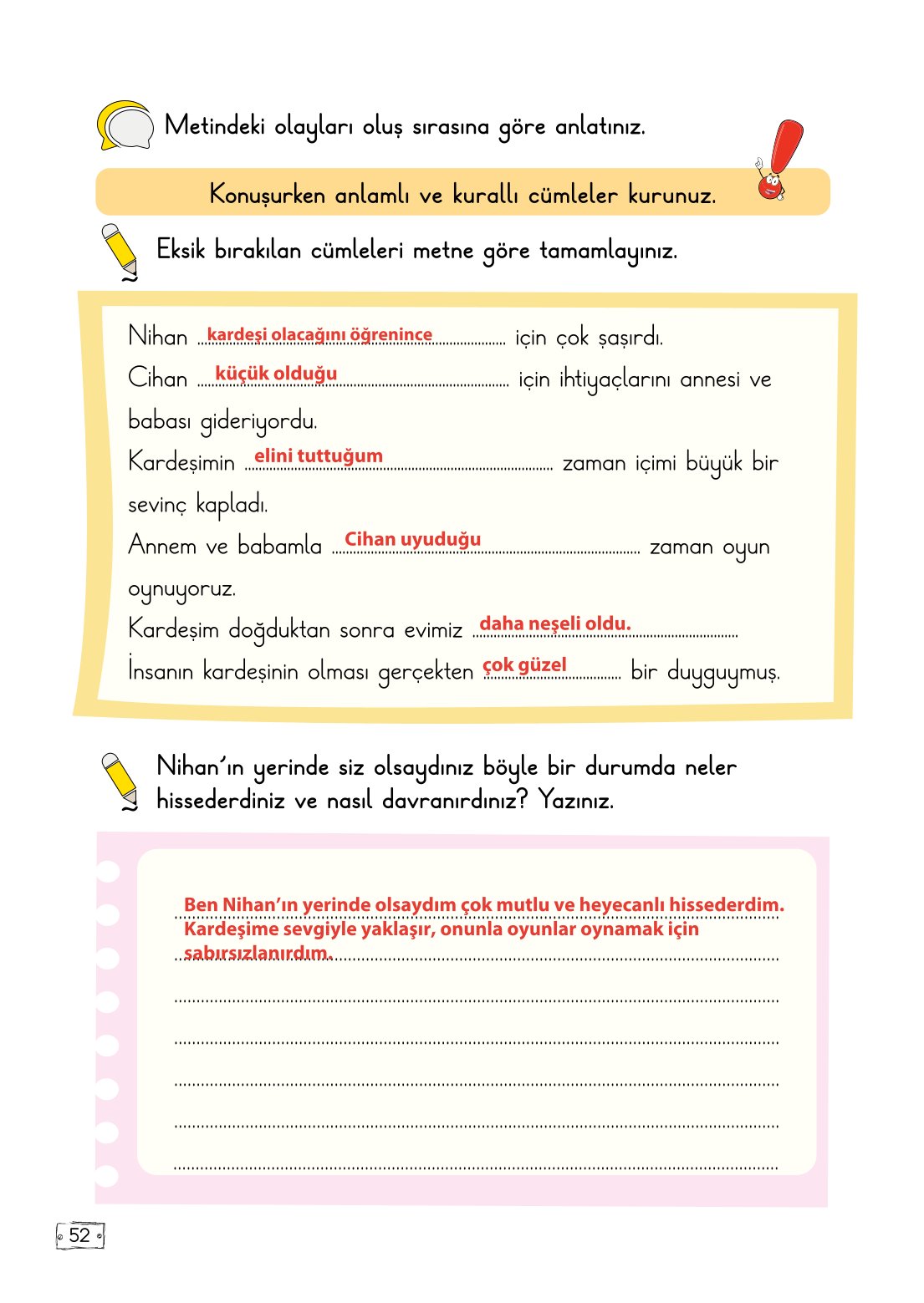 2. Sınıf Türkçe 1. Kitap Meb Yayınları Ders Kitabı Sayfa 52 Cevapları