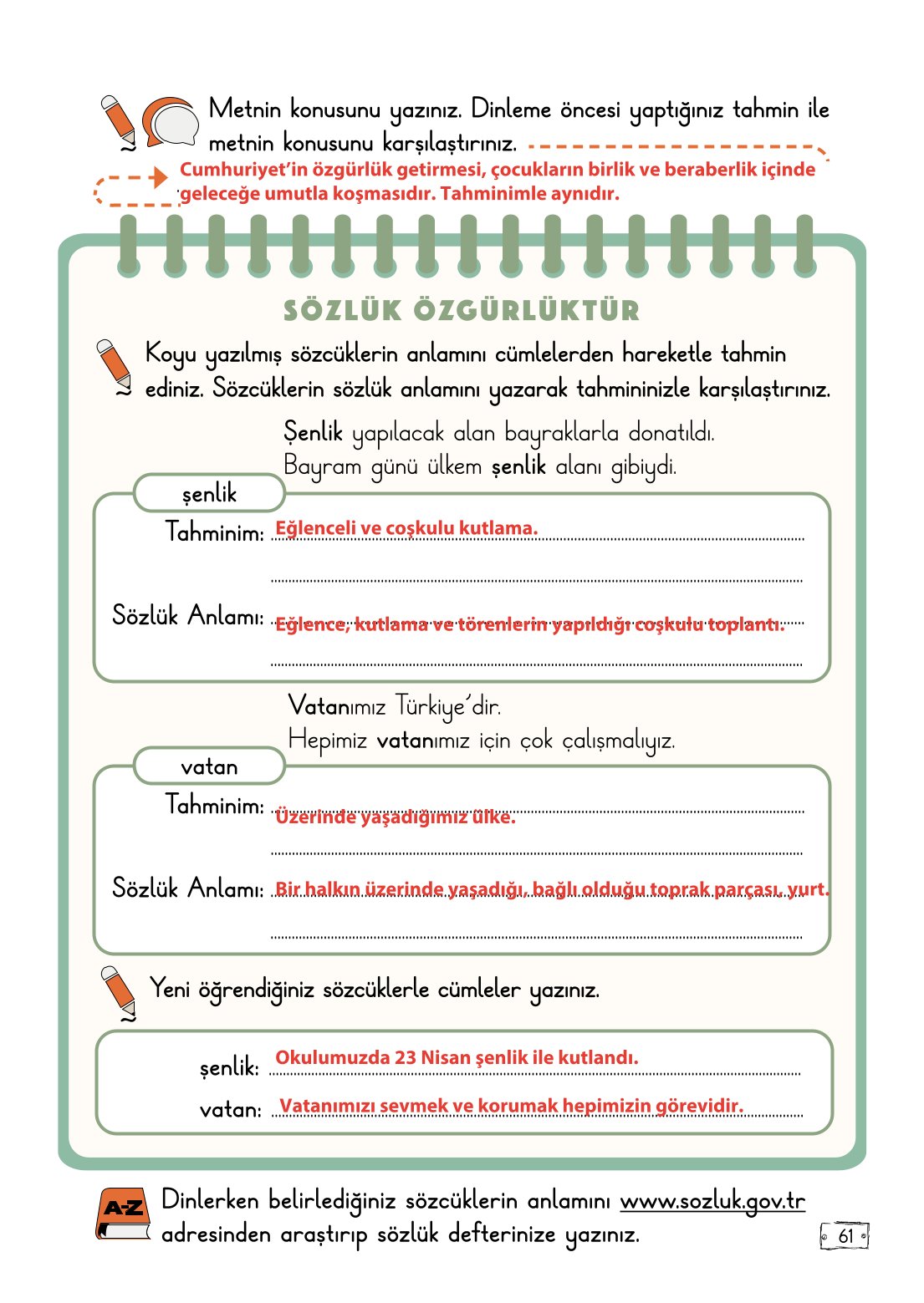 2. Sınıf Türkçe 1. Kitap Meb Yayınları Ders Kitabı Sayfa 61 Cevapları