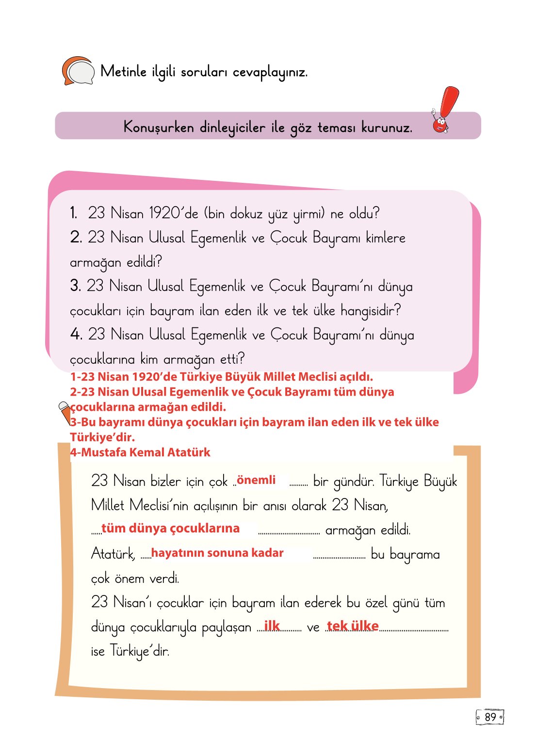 2. Sınıf Türkçe 1. Kitap Meb Yayınları Ders Kitabı Sayfa 89 Cevapları
