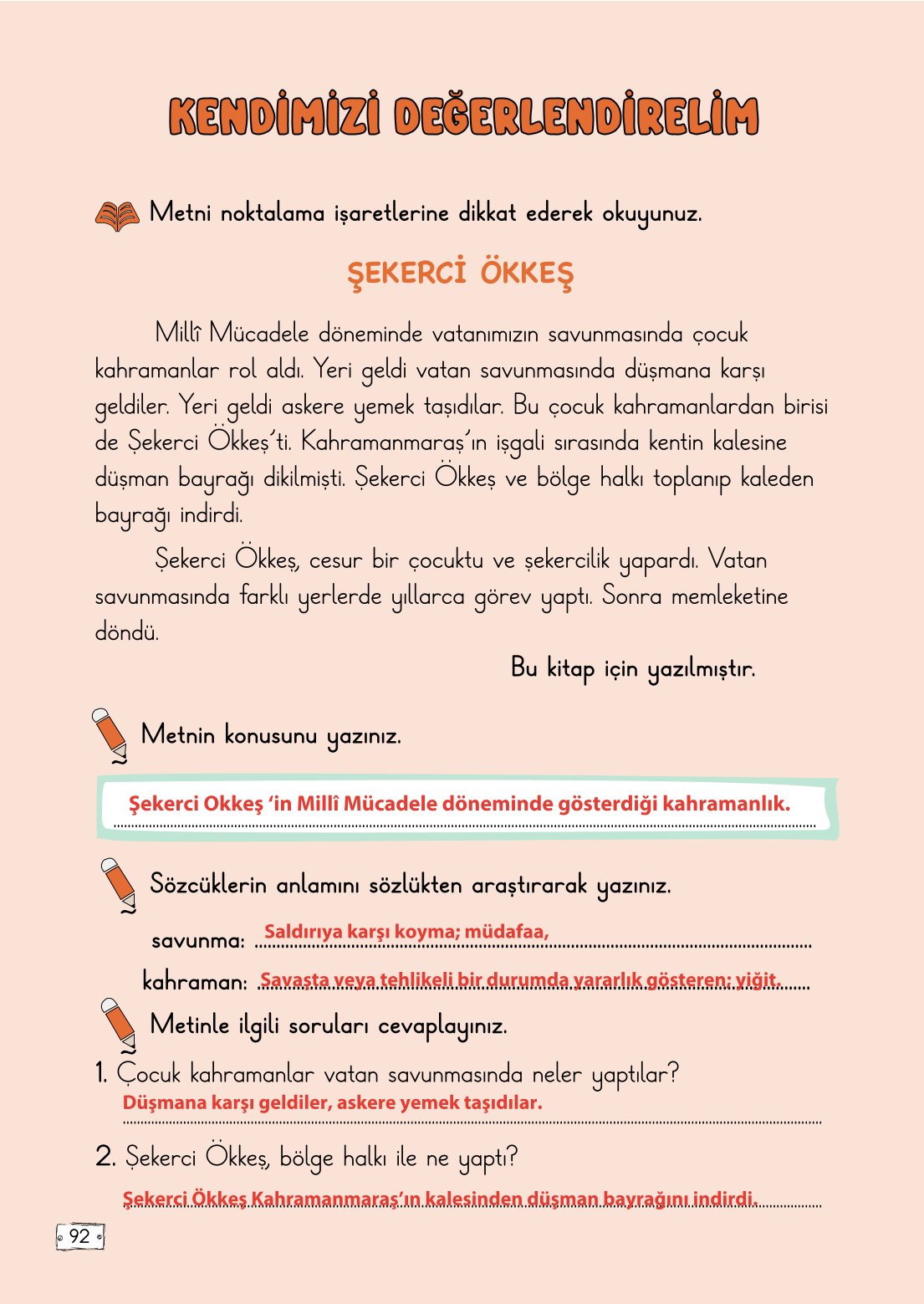 2. Sınıf Türkçe 1. Kitap Meb Yayınları Ders Kitabı Sayfa 92 Cevapları