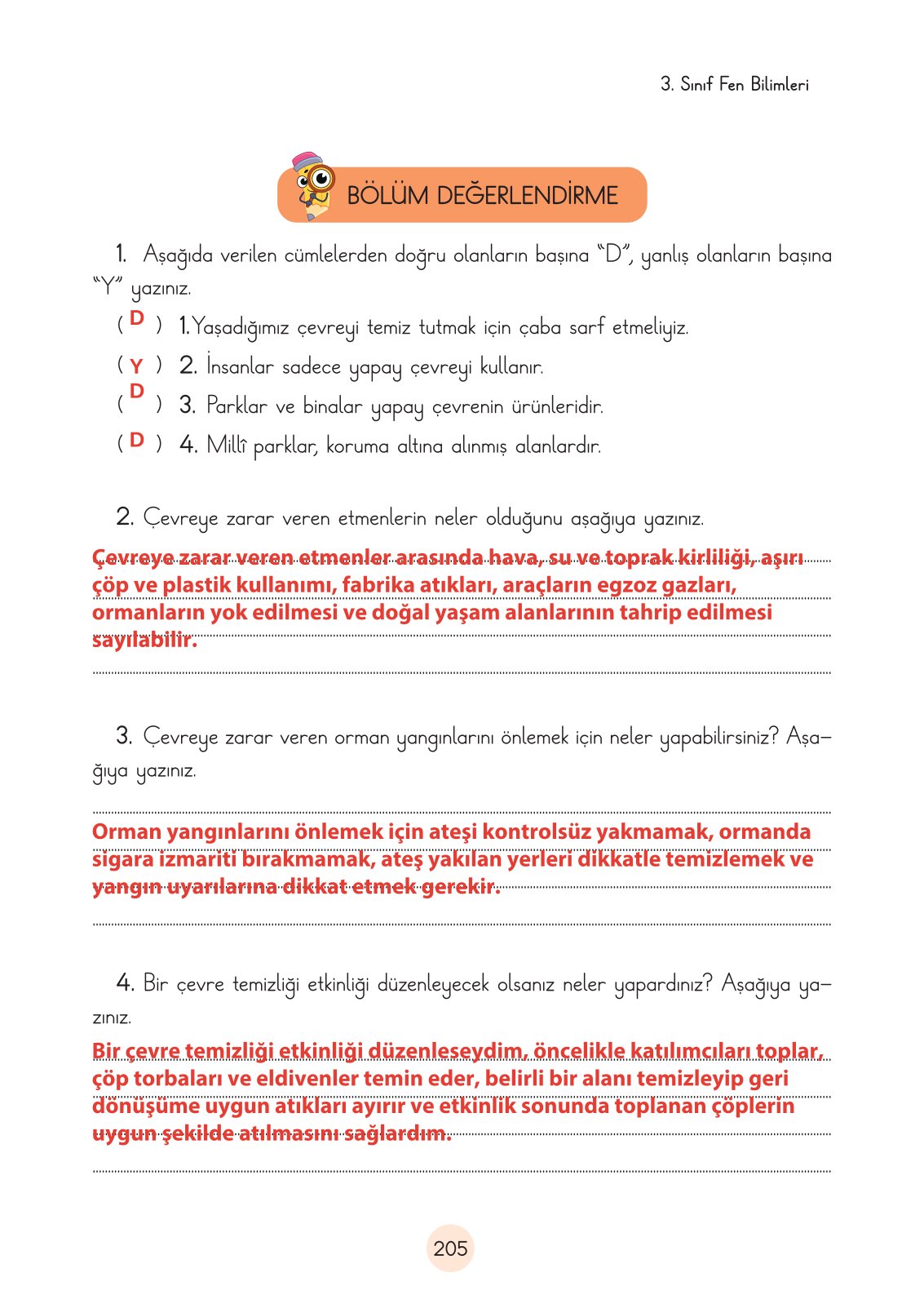 3. Sınıf Fen Bilimleri Cem Yayınları Ders Kitabı Sayfa 205 Cevapları