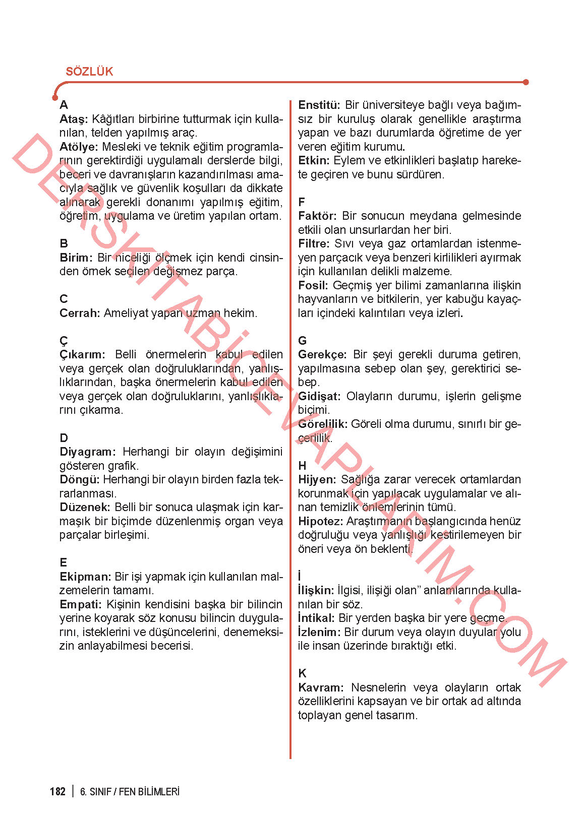 6. Sınıf Fen Bilgisi 1. Kitap Meb Yayınları Ders Kitabı Sayfa 182 Cevapları