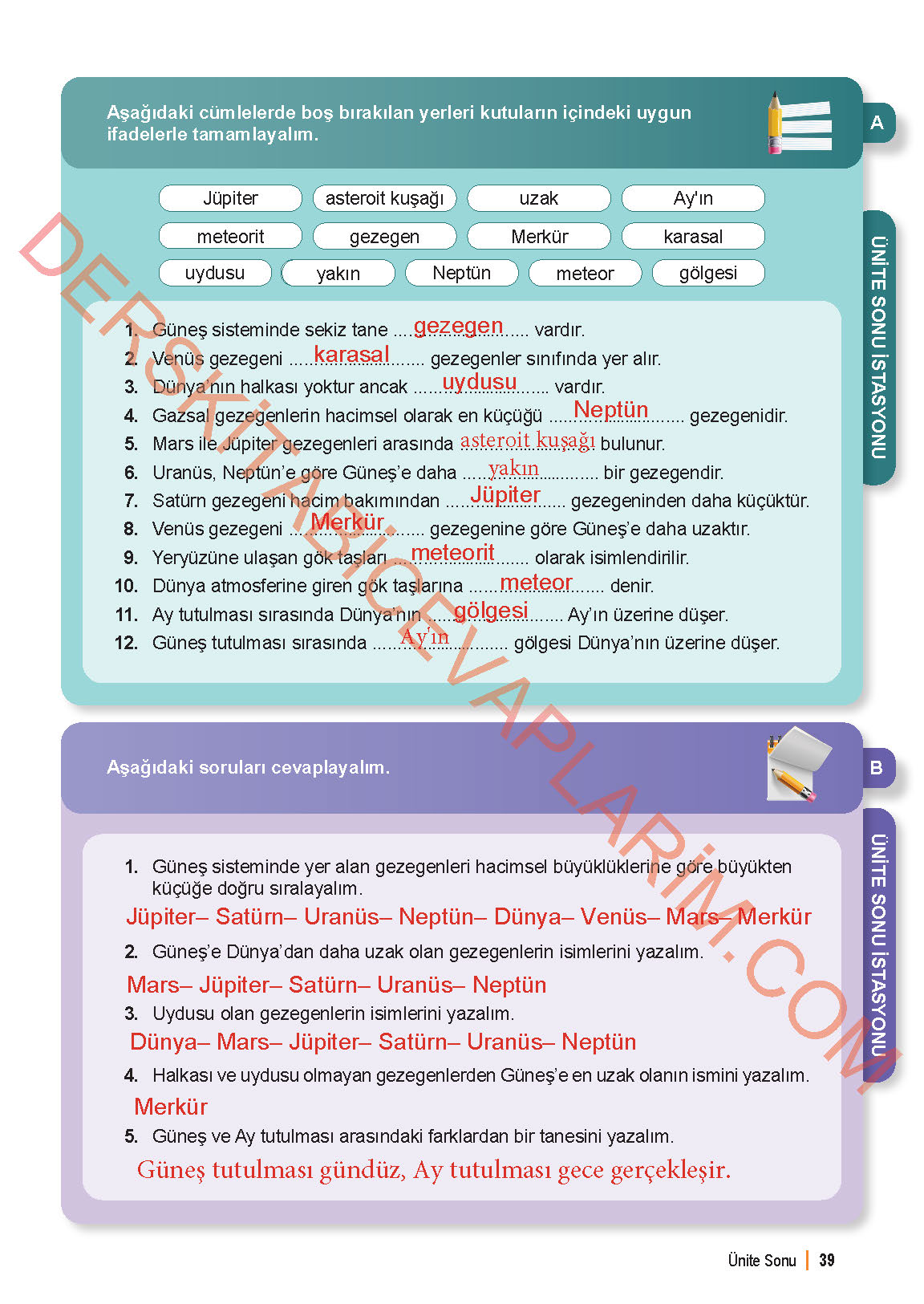 6. Sınıf Fen Bilgisi 1. Kitap Meb Yayınları Ders Kitabı Sayfa 39 Cevapları