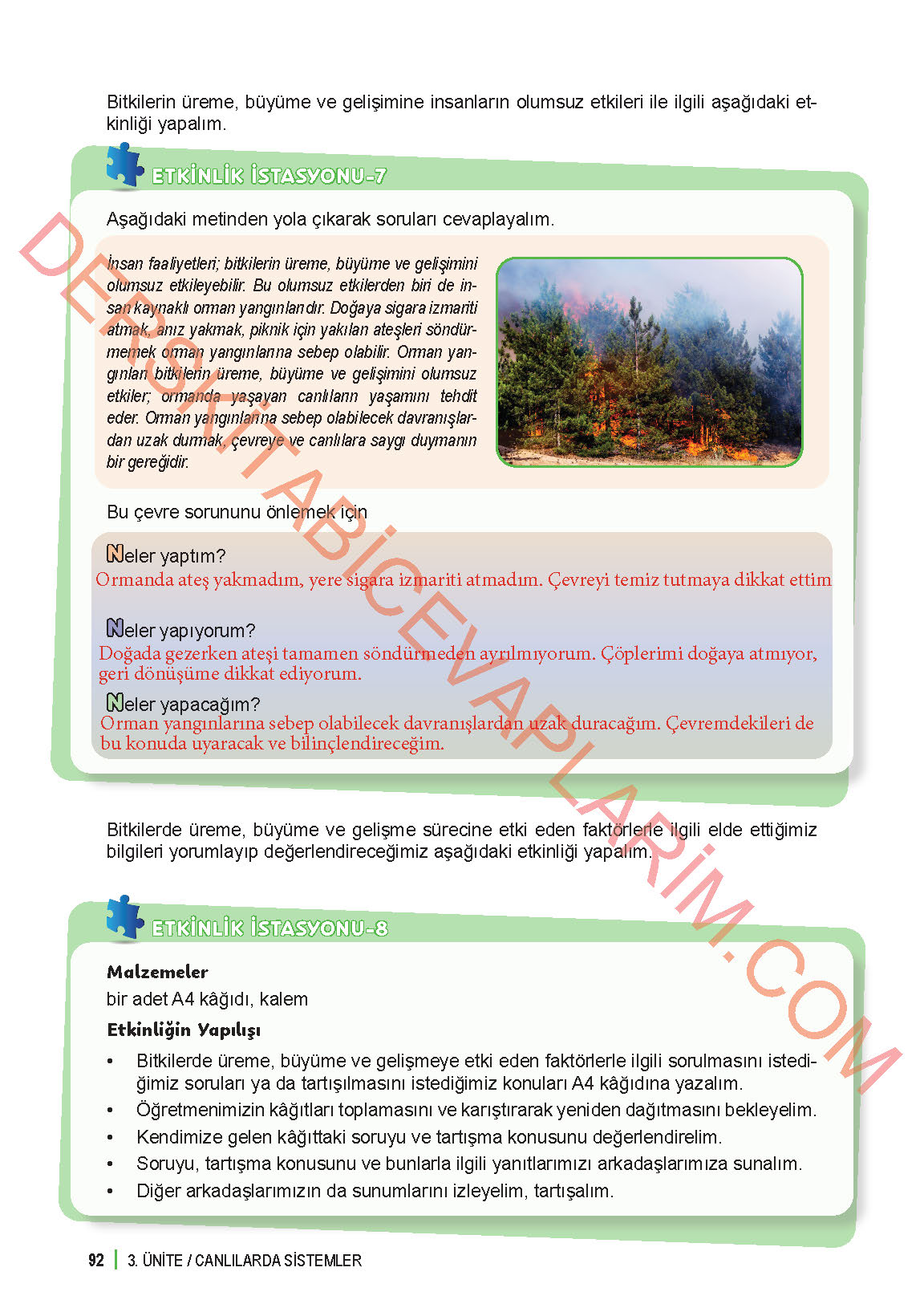 6. Sınıf Fen Bilgisi 1. Kitap Meb Yayınları Ders Kitabı Sayfa 92 Cevapları