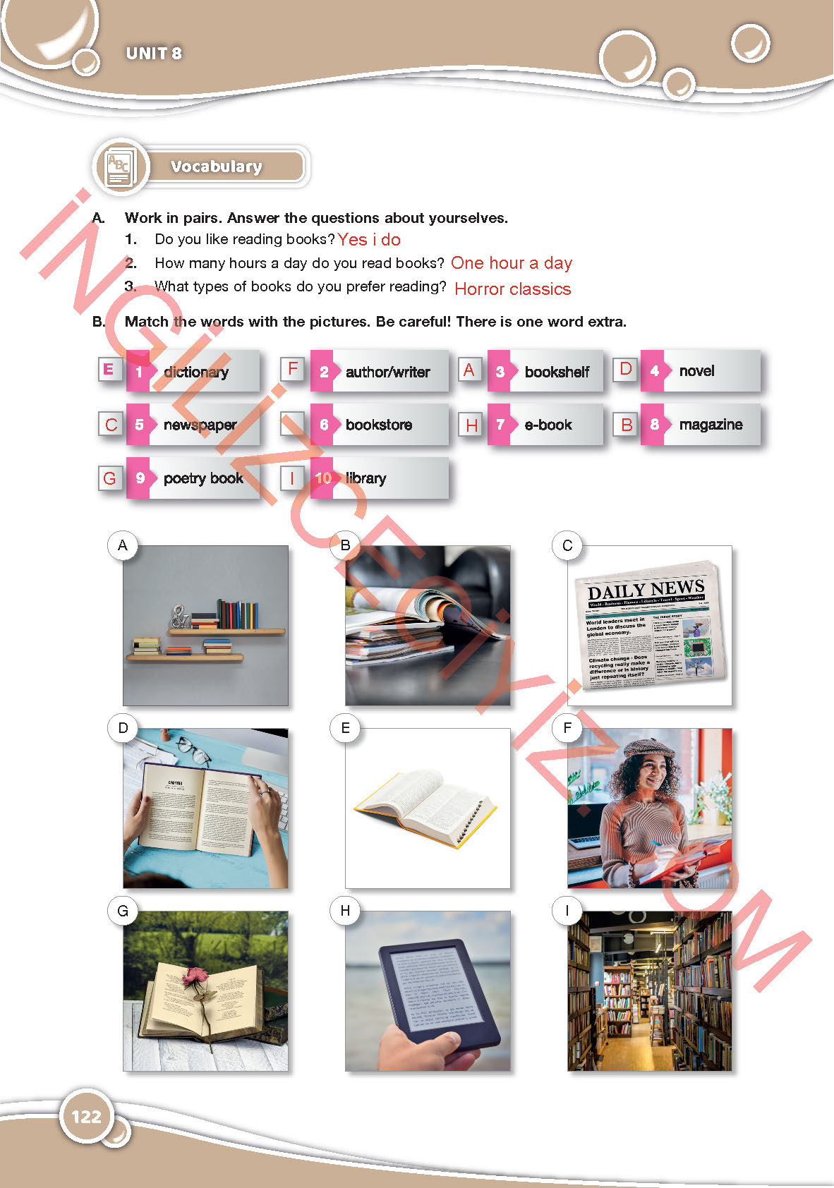 6. Sınıf İngilizce Özgün Yayınları Kitabı Sayfa 122 Cevapları