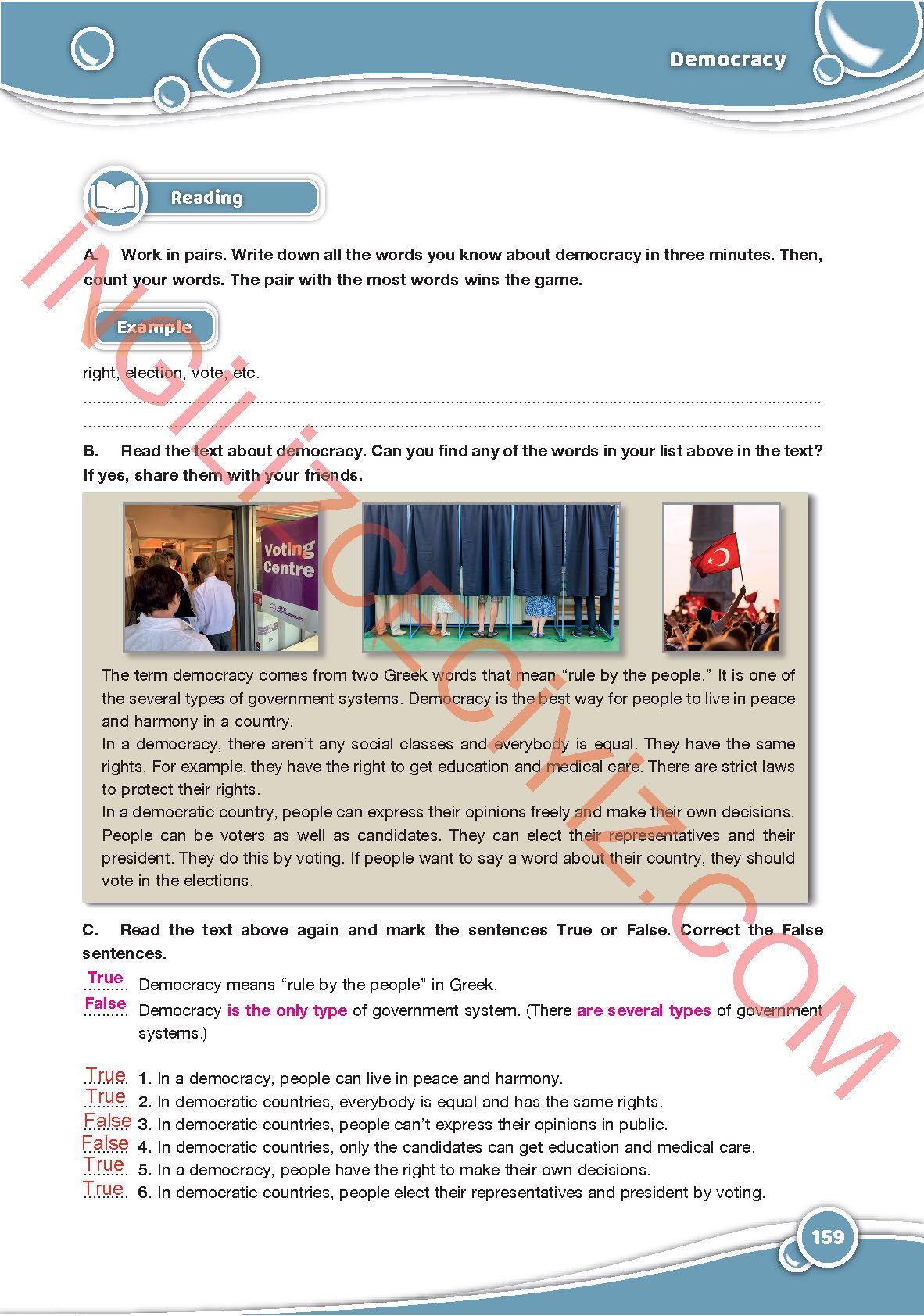 6. Sınıf İngilizce Özgün Yayınları Kitabı Sayfa 159 Cevapları