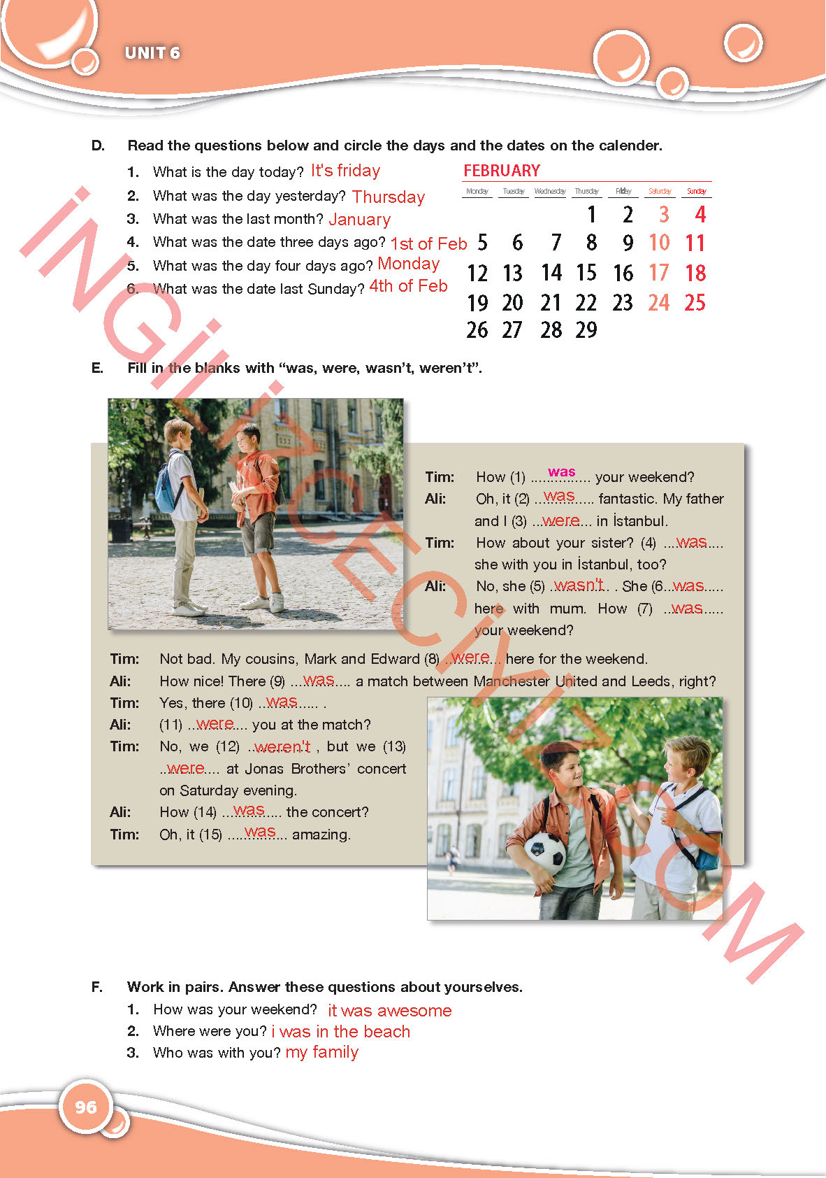 6. Sınıf İngilizce Özgün Yayınları Kitabı Sayfa 96 Cevapları