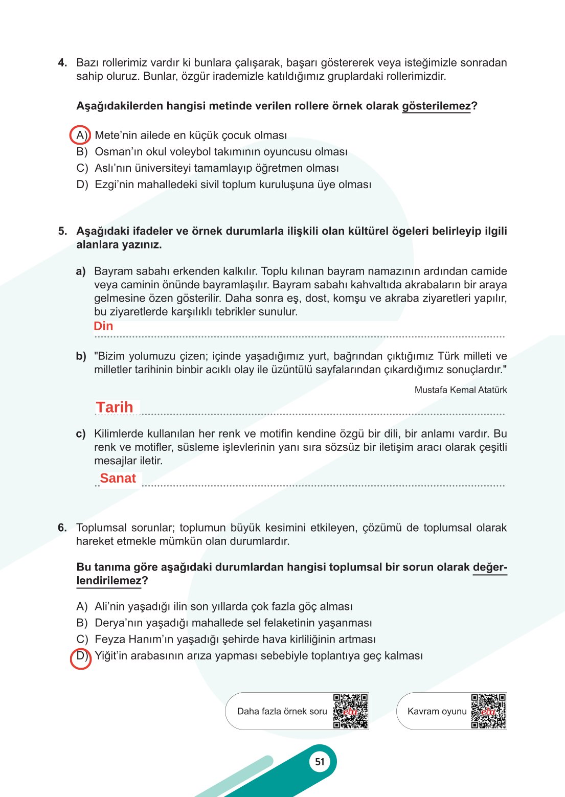 6. Sınıf Meb Yayınları Sosyal Bilgiler Ders Kitabı Sayfa 51 Cevapları