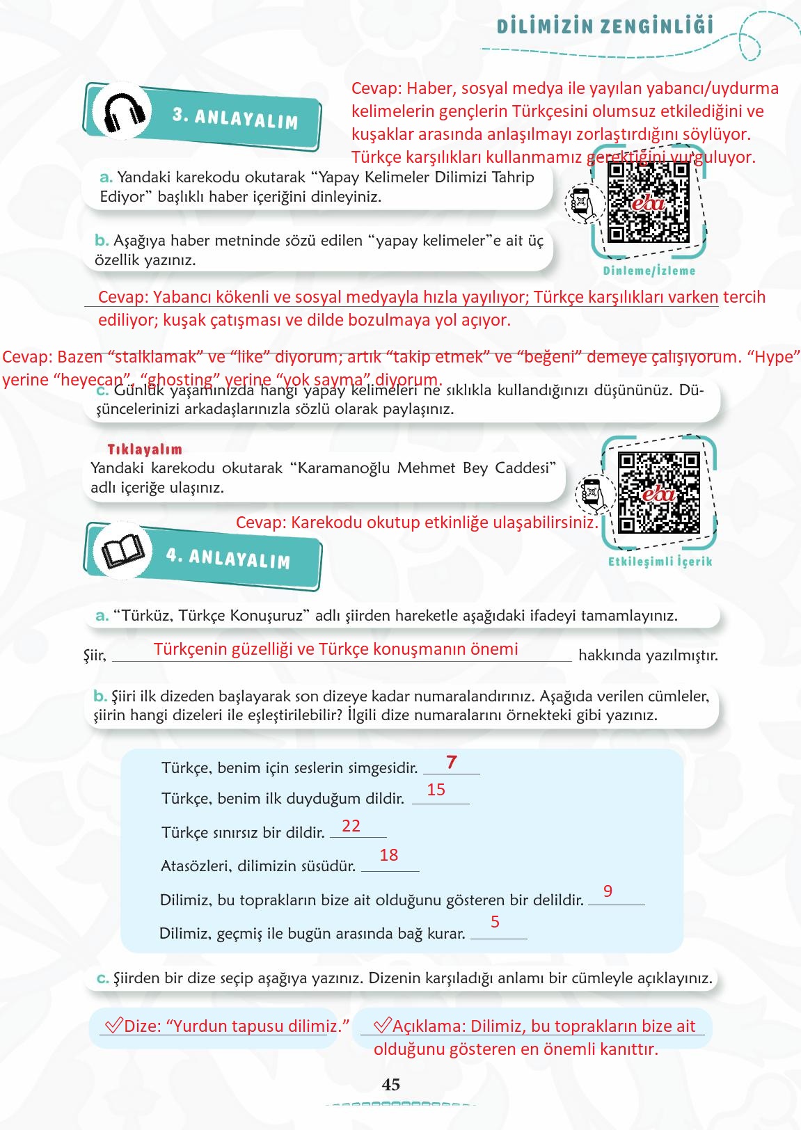 6. Sınıf Türkçe 1. Kitap Meb Yayınları Ders Kitabı Sayfa 46 Cevapları