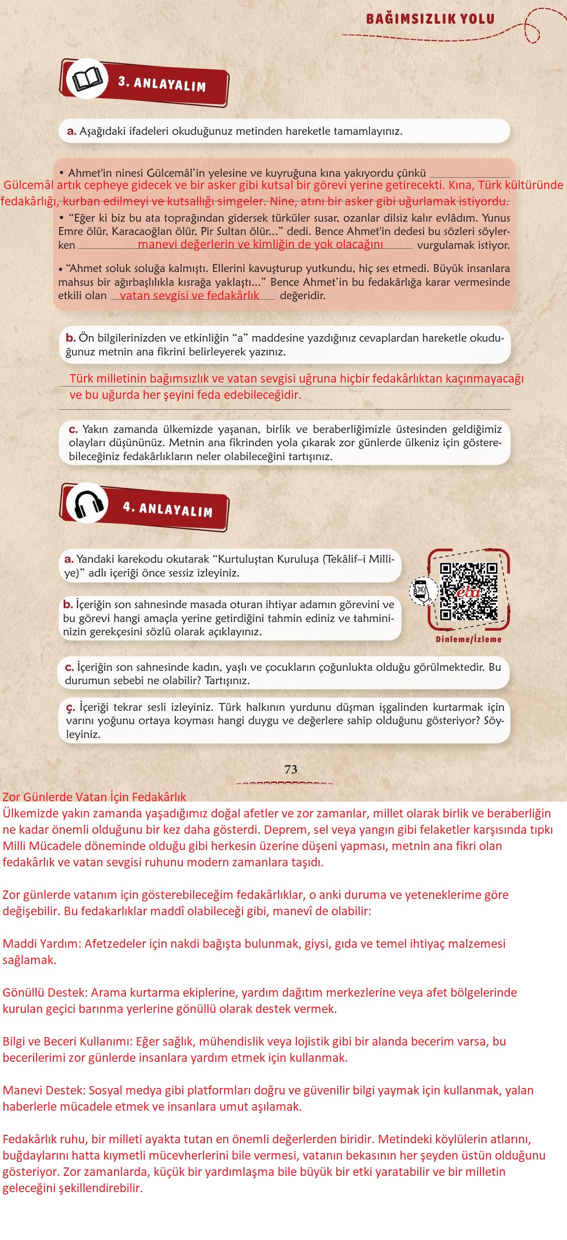 6. Sınıf Türkçe 1. Kitap Meb Yayınları Ders Kitabı Sayfa 74 Cevapları