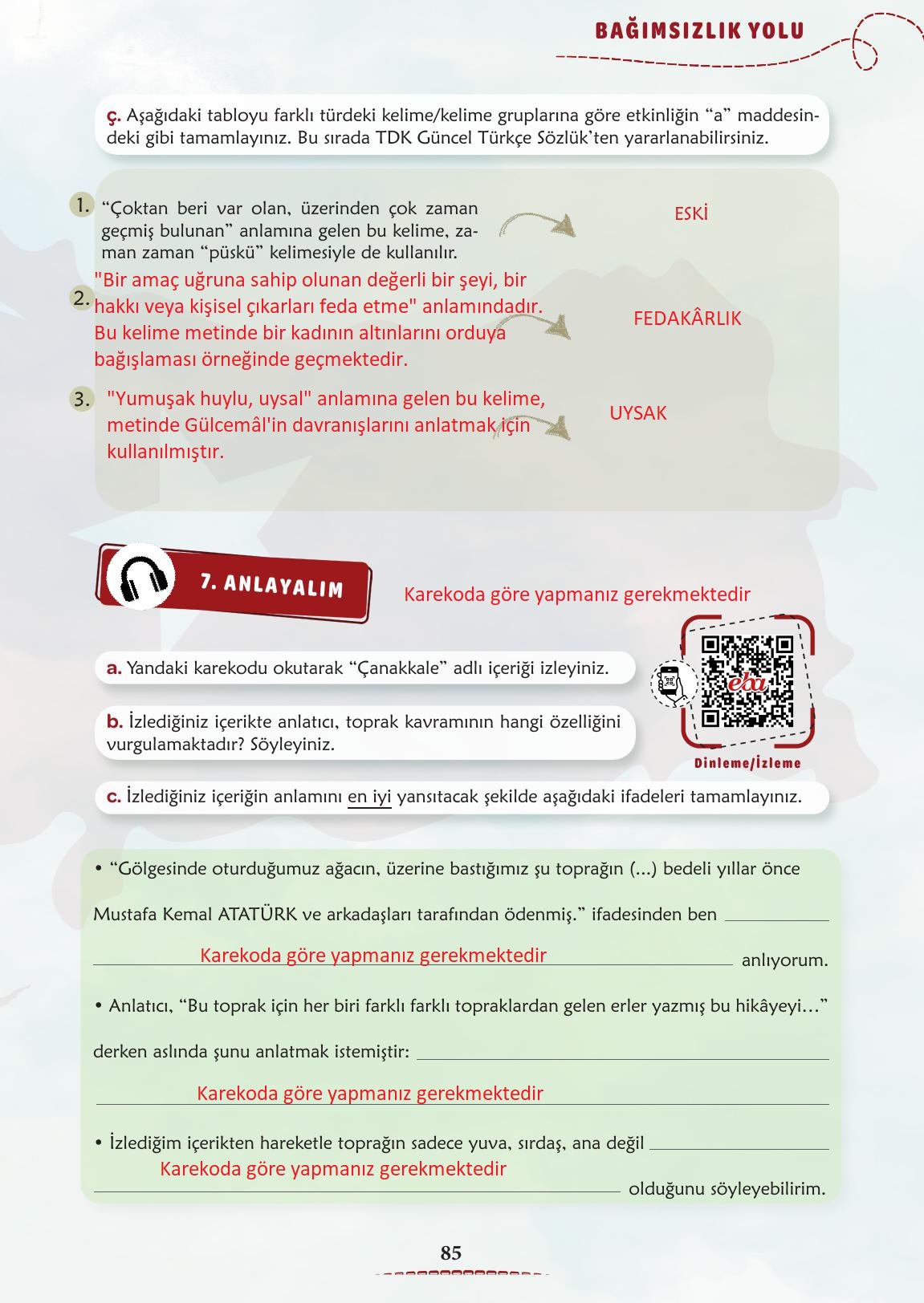 6. Sınıf Türkçe 1. Kitap Meb Yayınları Ders Kitabı Sayfa 86 Cevapları