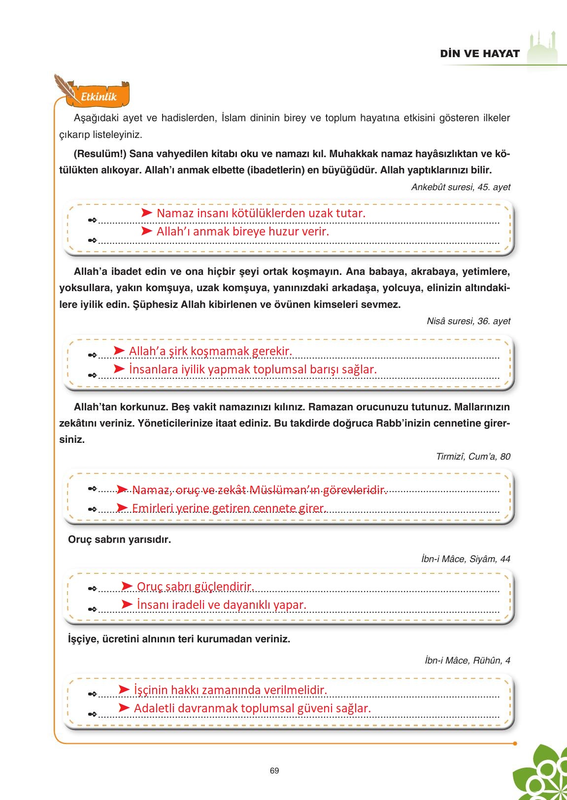 8. Sınıf Sdr İpekyolu Yayıncılık Din Kültürü Ve Ahlak Bilgisi Ders Kitabı Sayfa 70 Cevapları