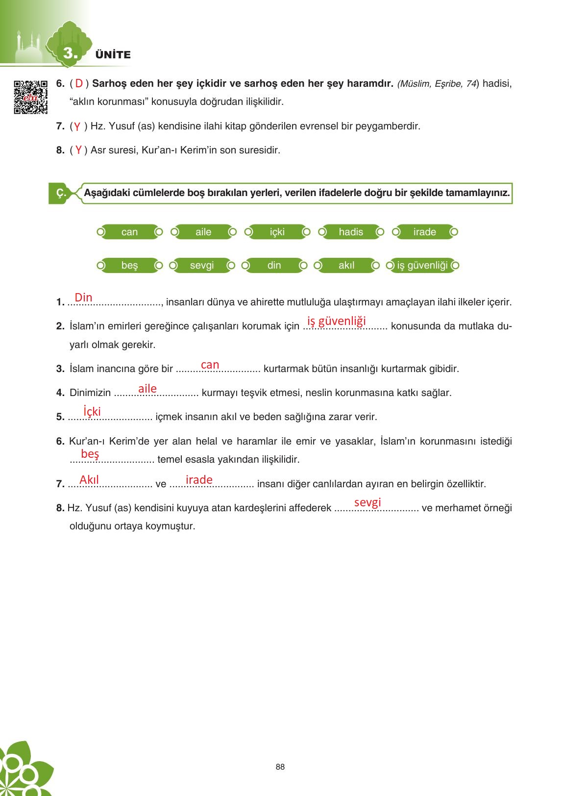 8. Sınıf Sdr İpekyolu Yayıncılık Din Kültürü Ve Ahlak Bilgisi Ders Kitabı Sayfa 89 Cevapları