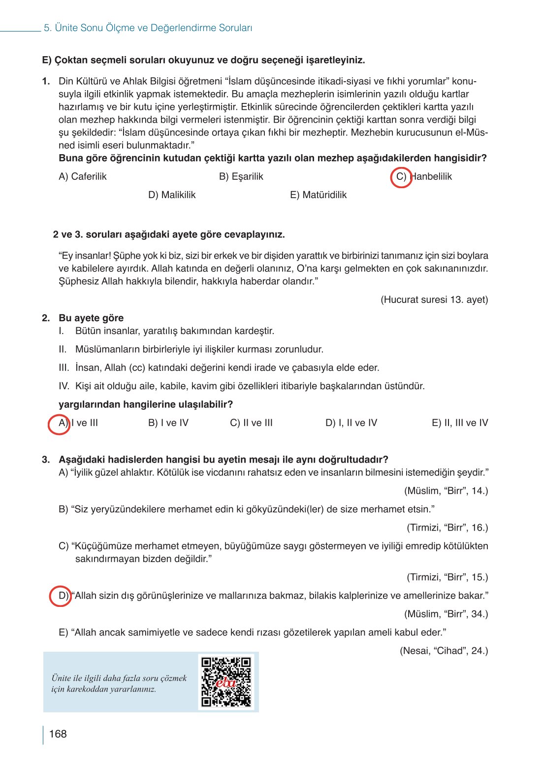 10. Sınıf Meb Yayınları Din Kültürü Ve Ahlak Bilgisi Ders Kitabı Sayfa 168 Cevapları