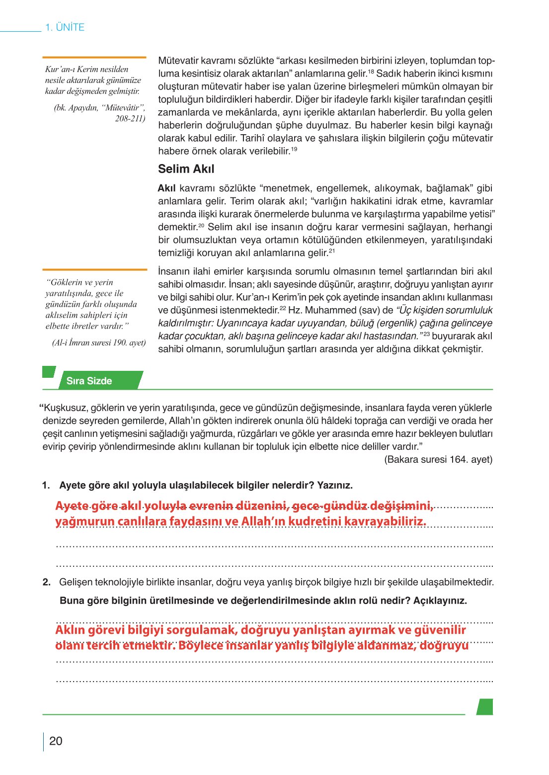 10. Sınıf Meb Yayınları Din Kültürü Ve Ahlak Bilgisi Ders Kitabı Sayfa 20 Cevapları