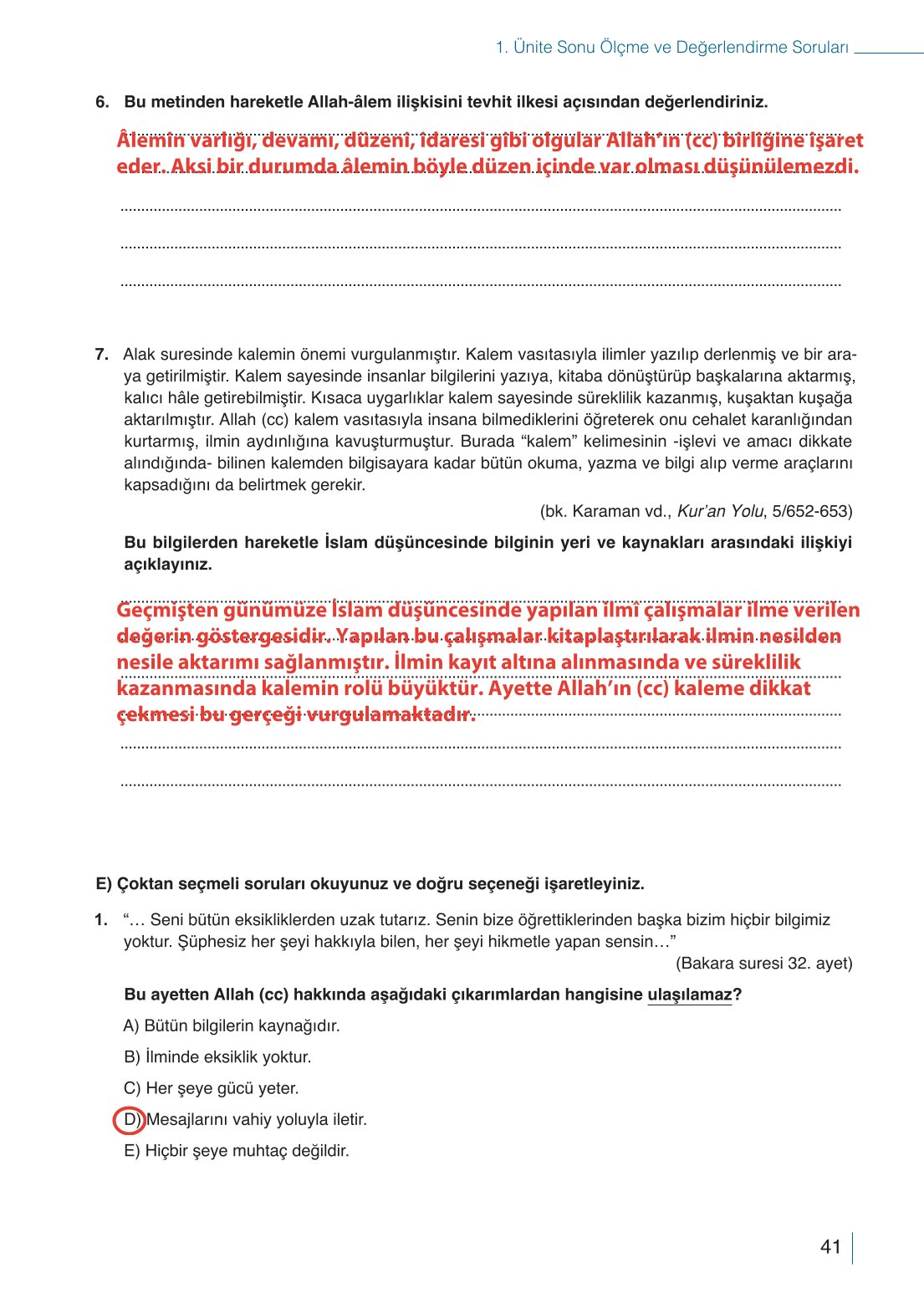 10. Sınıf Meb Yayınları Din Kültürü Ve Ahlak Bilgisi Ders Kitabı Sayfa 41 Cevapları