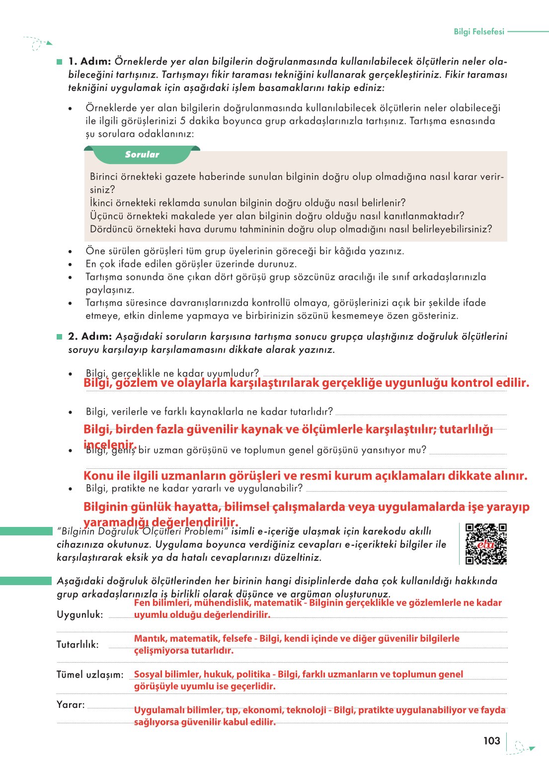 10. Sınıf Meb Yayınları Felsefe Ders Kitabı Sayfa 103 Cevapları
