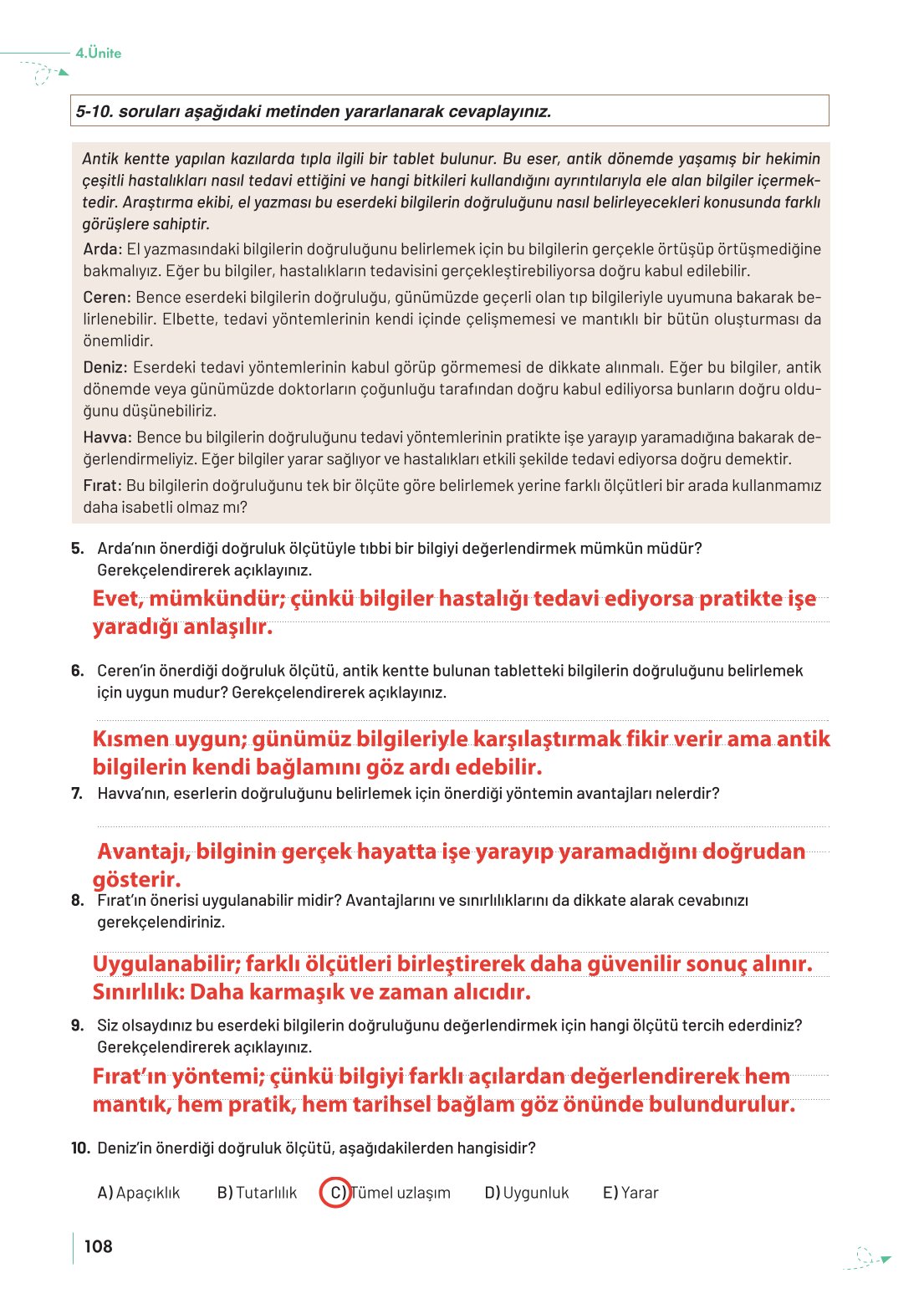 10. Sınıf Meb Yayınları Felsefe Ders Kitabı Sayfa 108 Cevapları