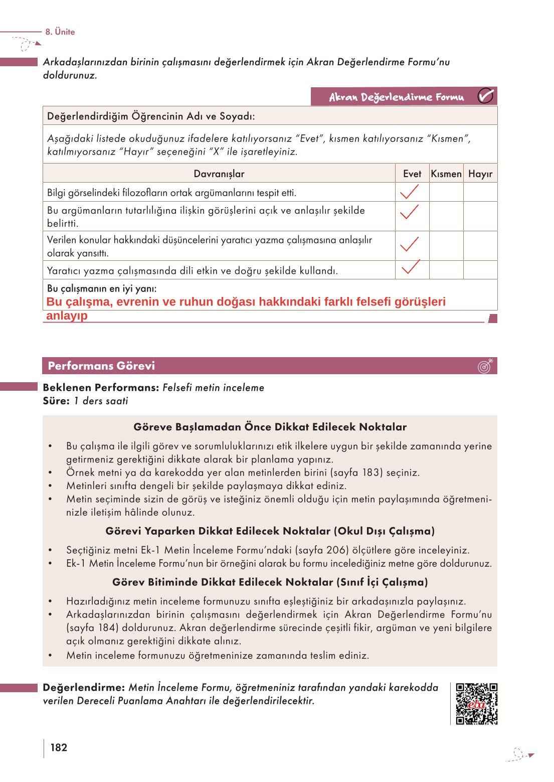 10. Sınıf Meb Yayınları Felsefe Ders Kitabı Sayfa 182 Cevapları