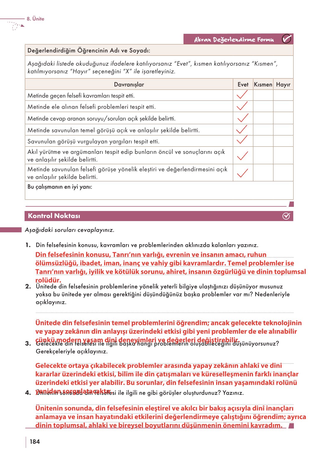 10. Sınıf Meb Yayınları Felsefe Ders Kitabı Sayfa 184 Cevapları