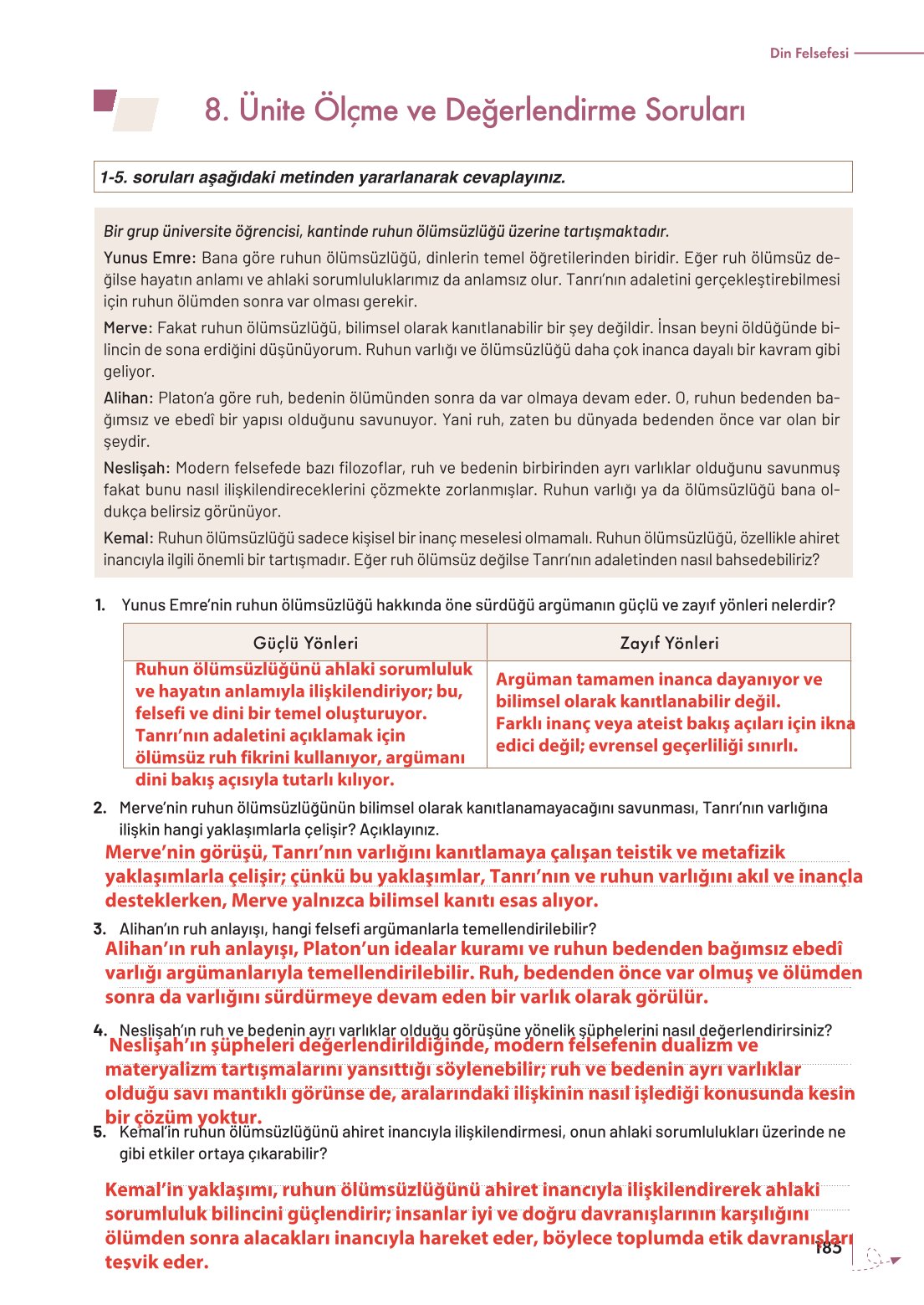 10. Sınıf Meb Yayınları Felsefe Ders Kitabı Sayfa 185 Cevapları