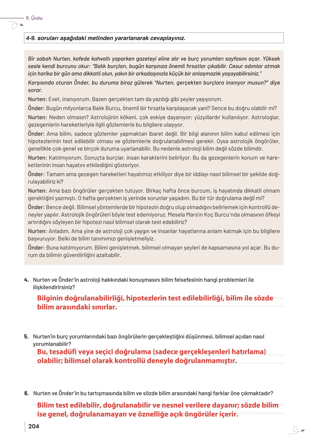 10. Sınıf Meb Yayınları Felsefe Ders Kitabı Sayfa 204 Cevapları