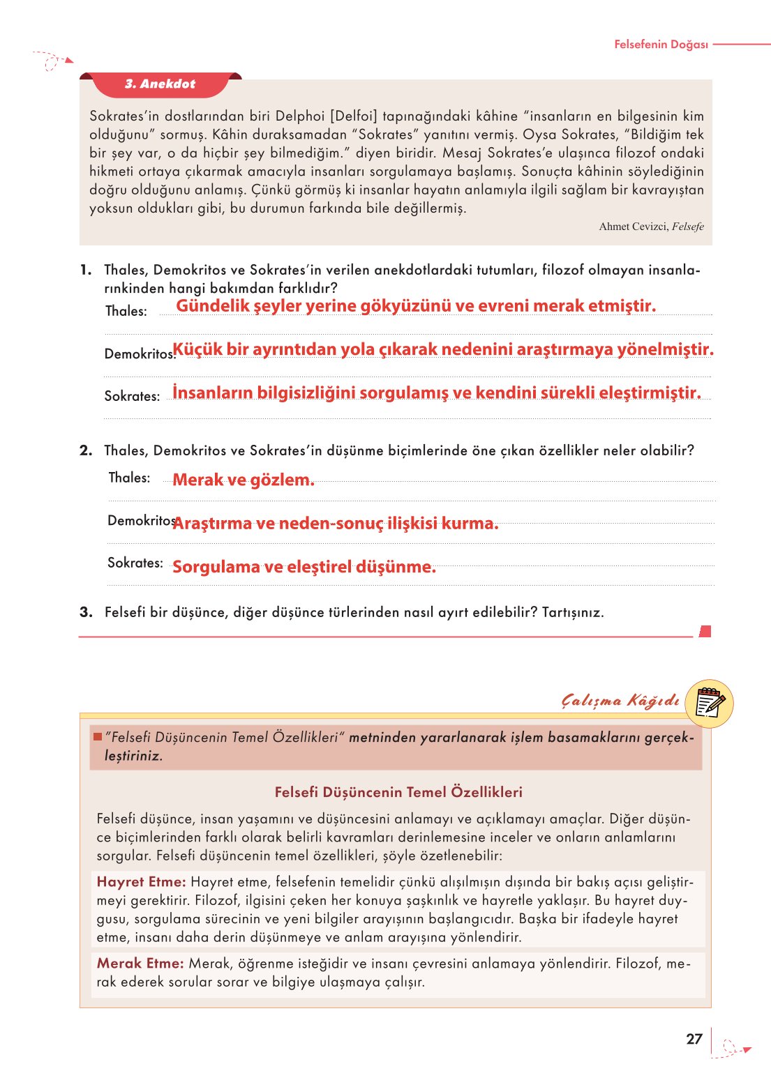 10. Sınıf Meb Yayınları Felsefe Ders Kitabı Sayfa 27 Cevapları
