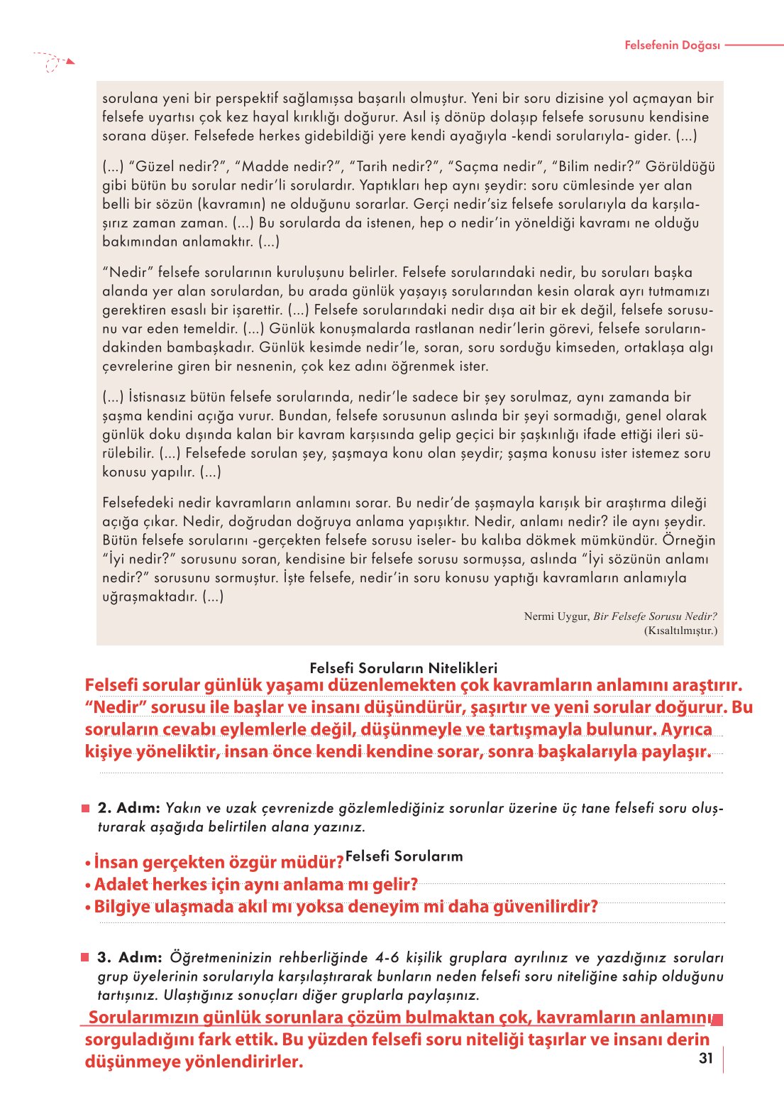 10. Sınıf Meb Yayınları Felsefe Ders Kitabı Sayfa 31 Cevapları