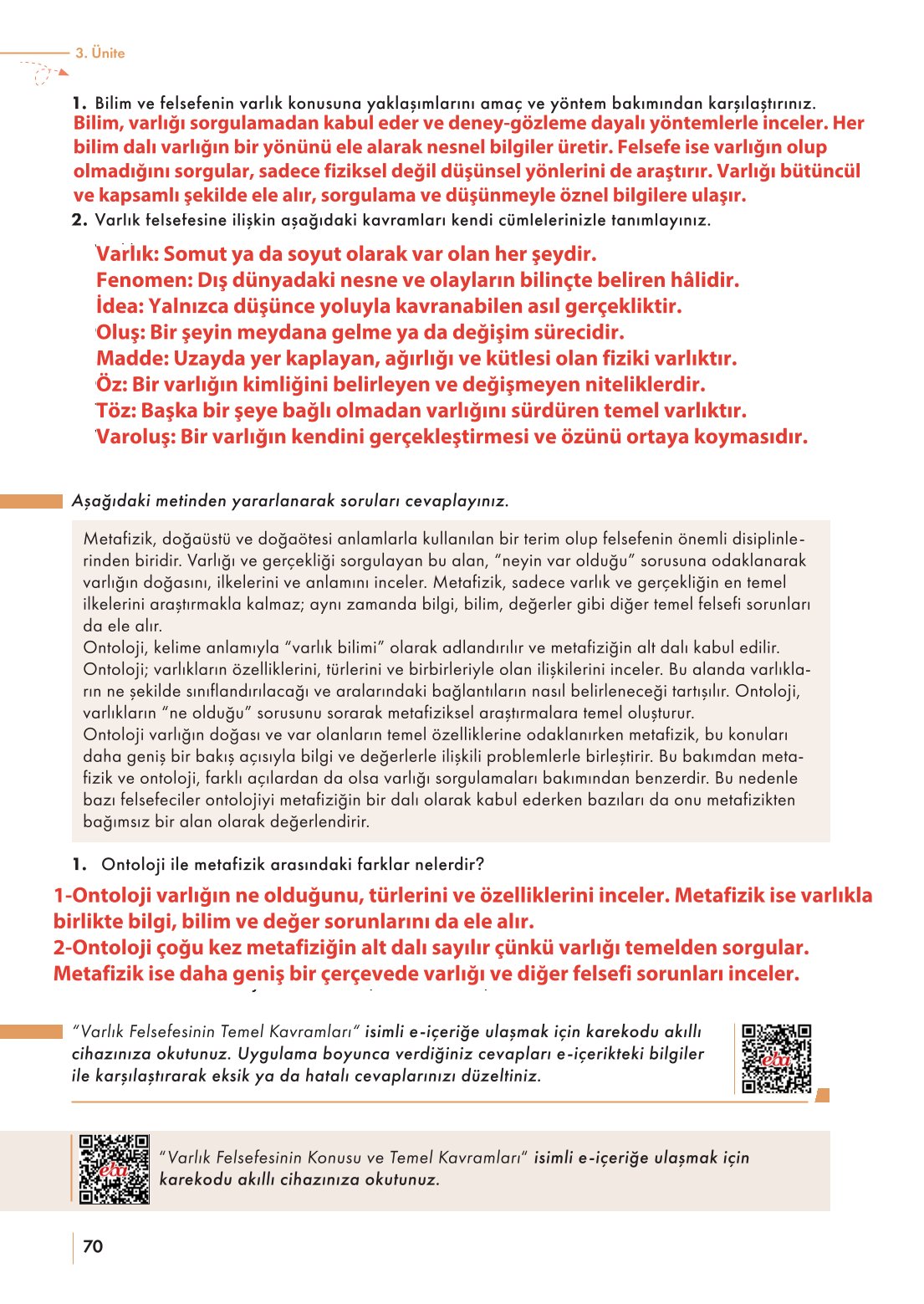 10. Sınıf Meb Yayınları Felsefe Ders Kitabı Sayfa 70 Cevapları