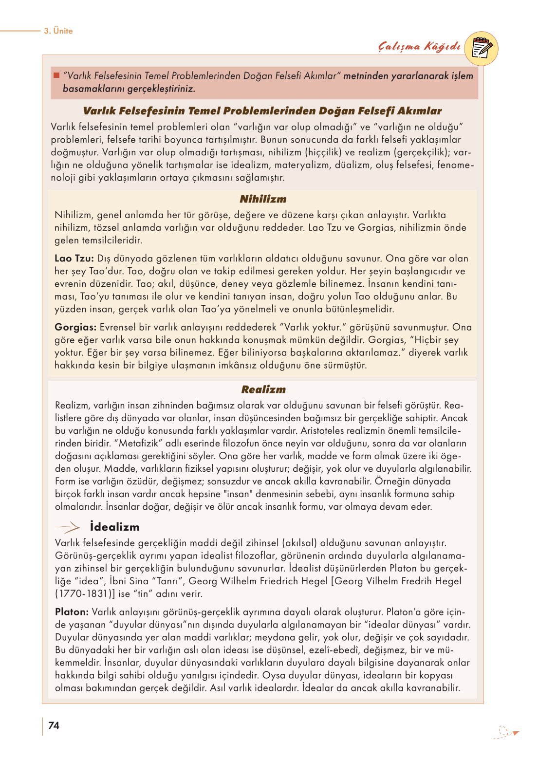 10. Sınıf Meb Yayınları Felsefe Ders Kitabı Sayfa 74 Cevapları