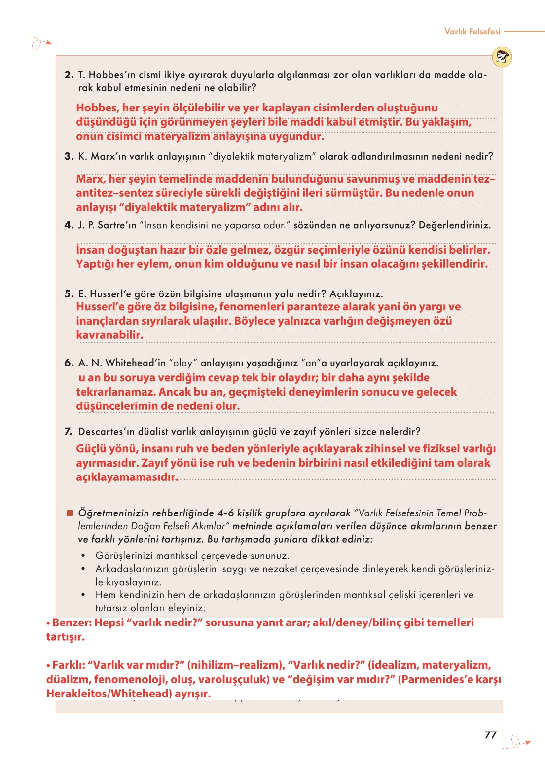 10. Sınıf Meb Yayınları Felsefe Ders Kitabı Sayfa 77 Cevapları