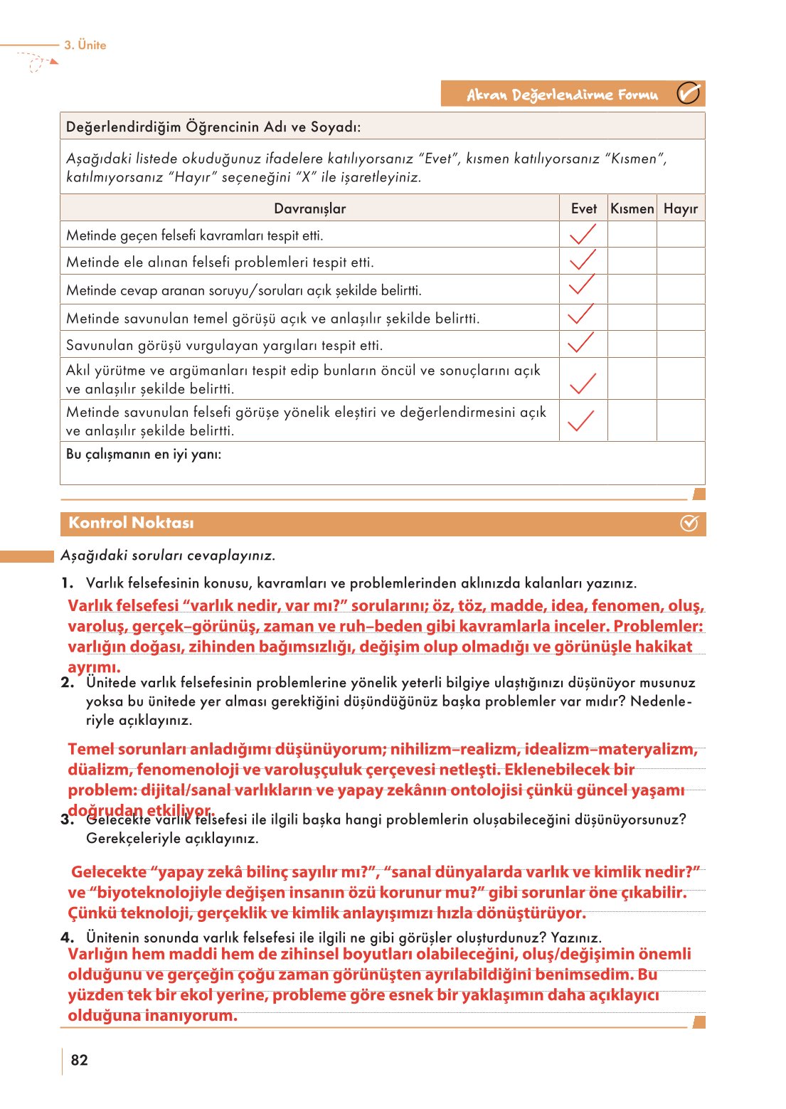 10. Sınıf Meb Yayınları Felsefe Ders Kitabı Sayfa 82 Cevapları