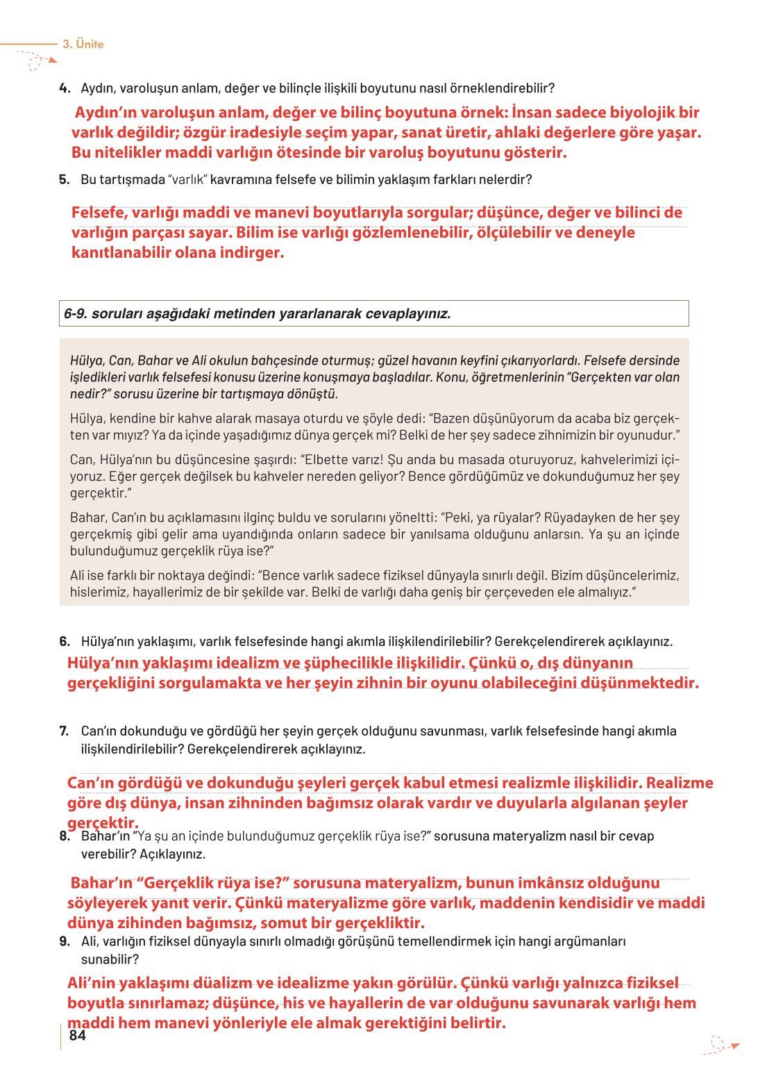 10. Sınıf Meb Yayınları Felsefe Ders Kitabı Sayfa 84 Cevapları