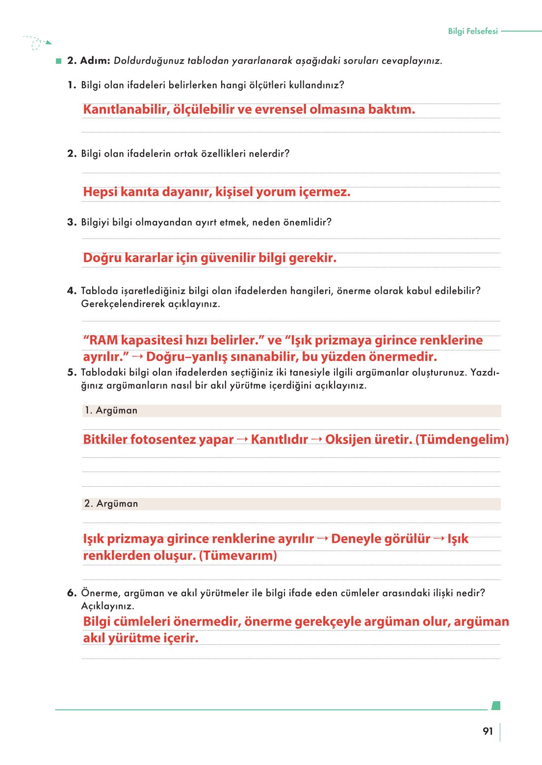 10. Sınıf Meb Yayınları Felsefe Ders Kitabı Sayfa 91 Cevapları