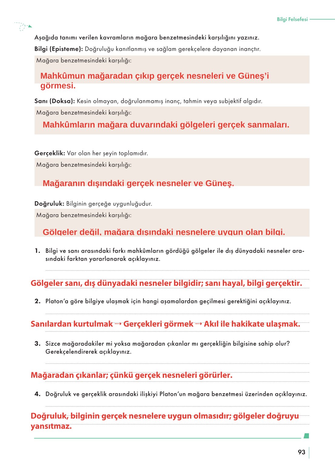 10. Sınıf Meb Yayınları Felsefe Ders Kitabı Sayfa 93 Cevapları