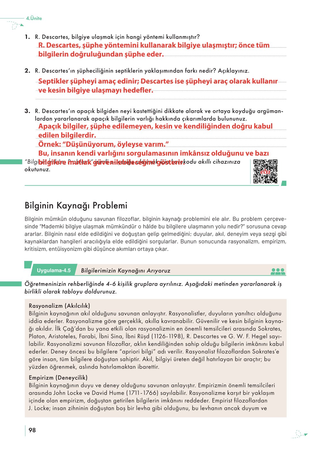 10. Sınıf Meb Yayınları Felsefe Ders Kitabı Sayfa 98 Cevapları