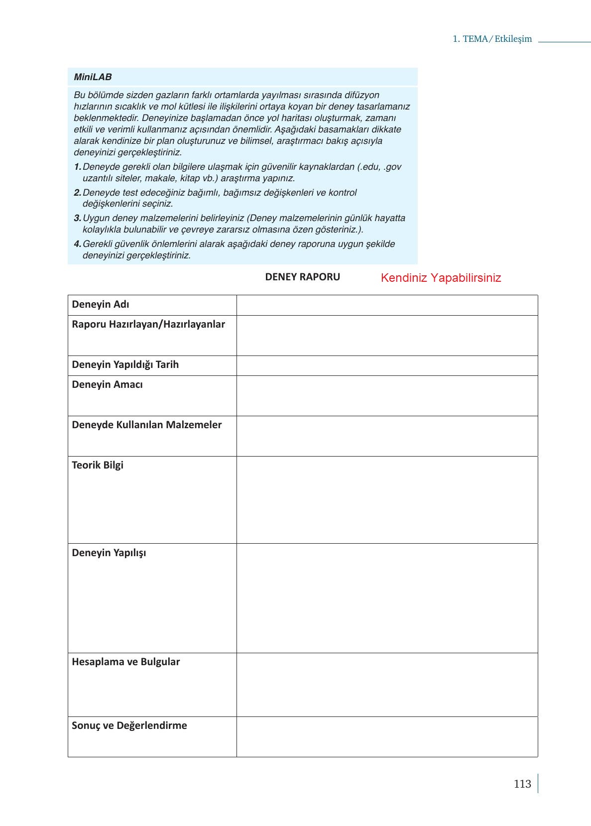 10. Sınıf Meb Yayınları Kimya Ders Kitabı Sayfa 113 Cevapları