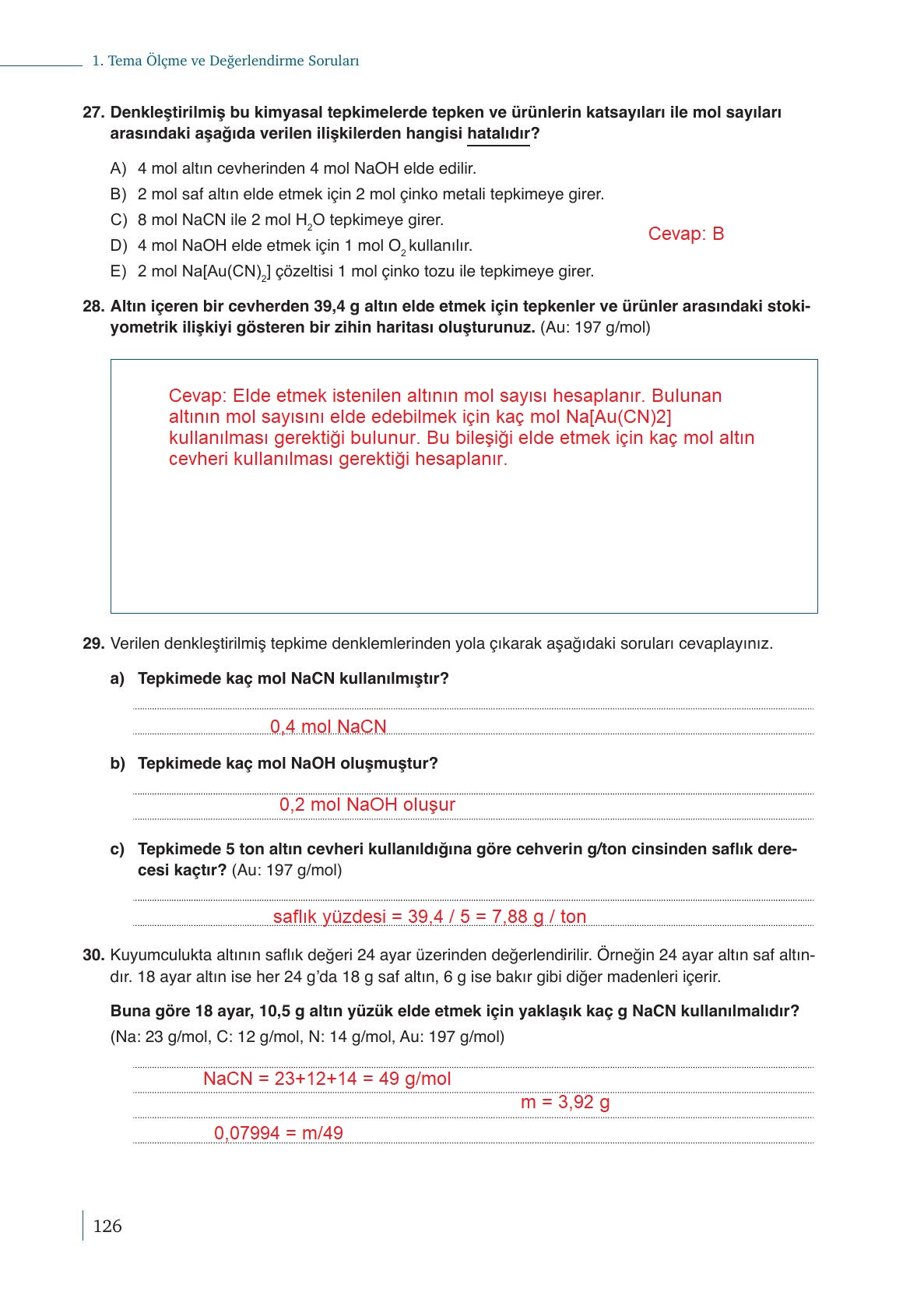 10. Sınıf Meb Yayınları Kimya Ders Kitabı Sayfa 126 Cevapları