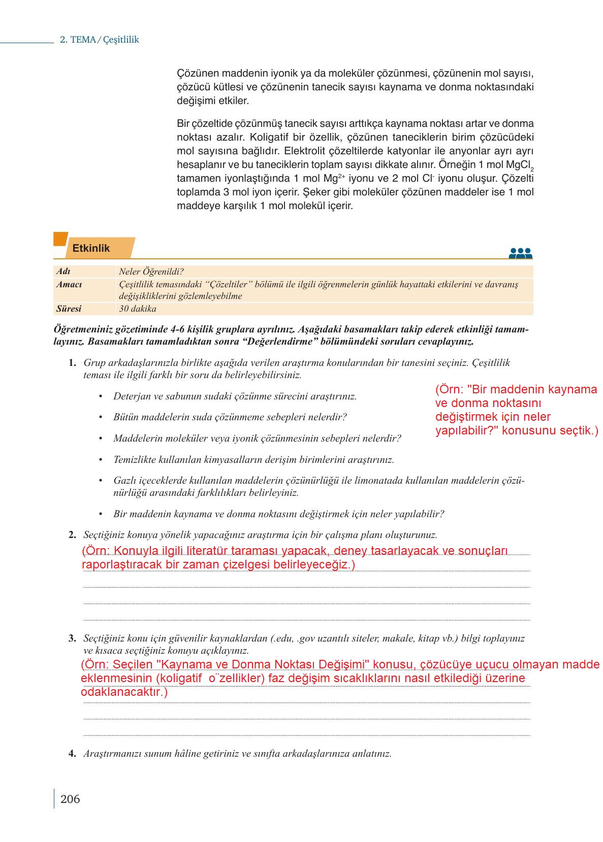 10. Sınıf Meb Yayınları Kimya Ders Kitabı Sayfa 206 Cevapları