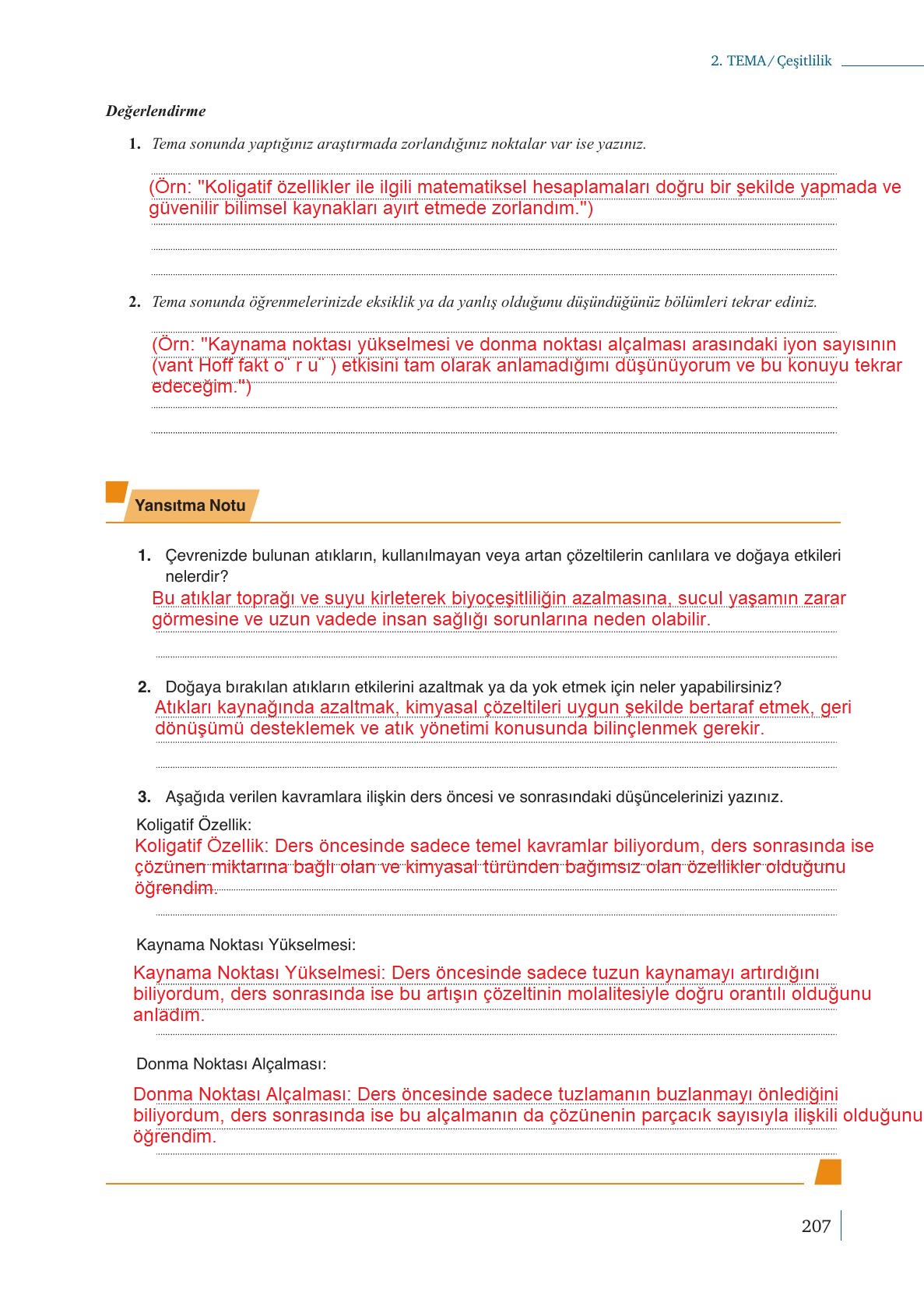 10. Sınıf Meb Yayınları Kimya Ders Kitabı Sayfa 207 Cevapları