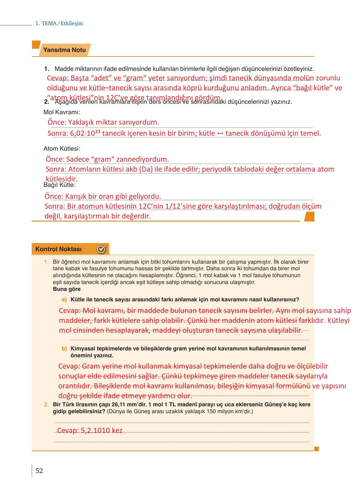 10. Sınıf Meb Yayınları Kimya Ders Kitabı Sayfa 52 Cevapları