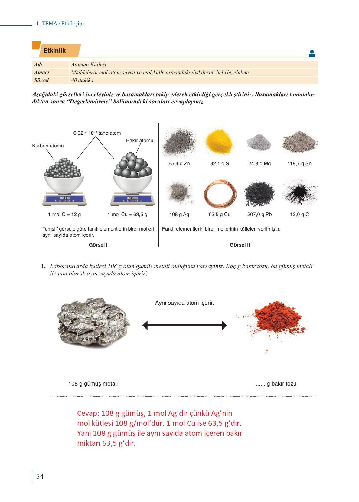 10. Sınıf Meb Yayınları Kimya Ders Kitabı Sayfa 54 Cevapları