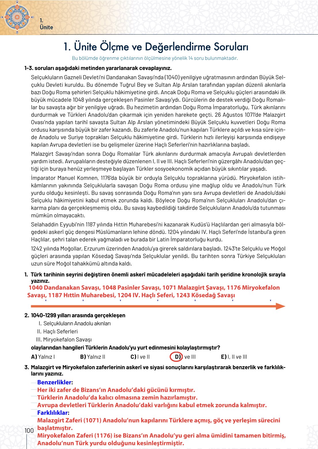 10. Sınıf Meb Yayınları Tarih Ders Kitabı Sayfa 100 Cevapları