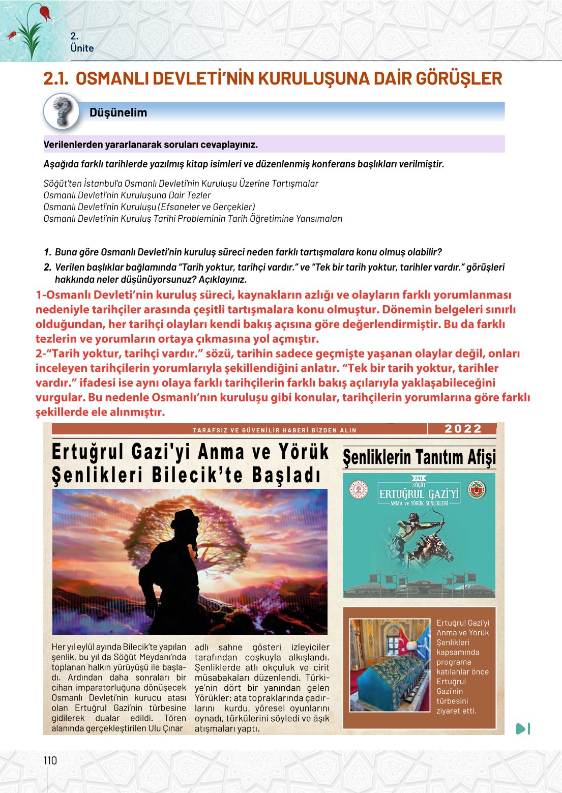 10. Sınıf Meb Yayınları Tarih Ders Kitabı Sayfa 110 Cevapları