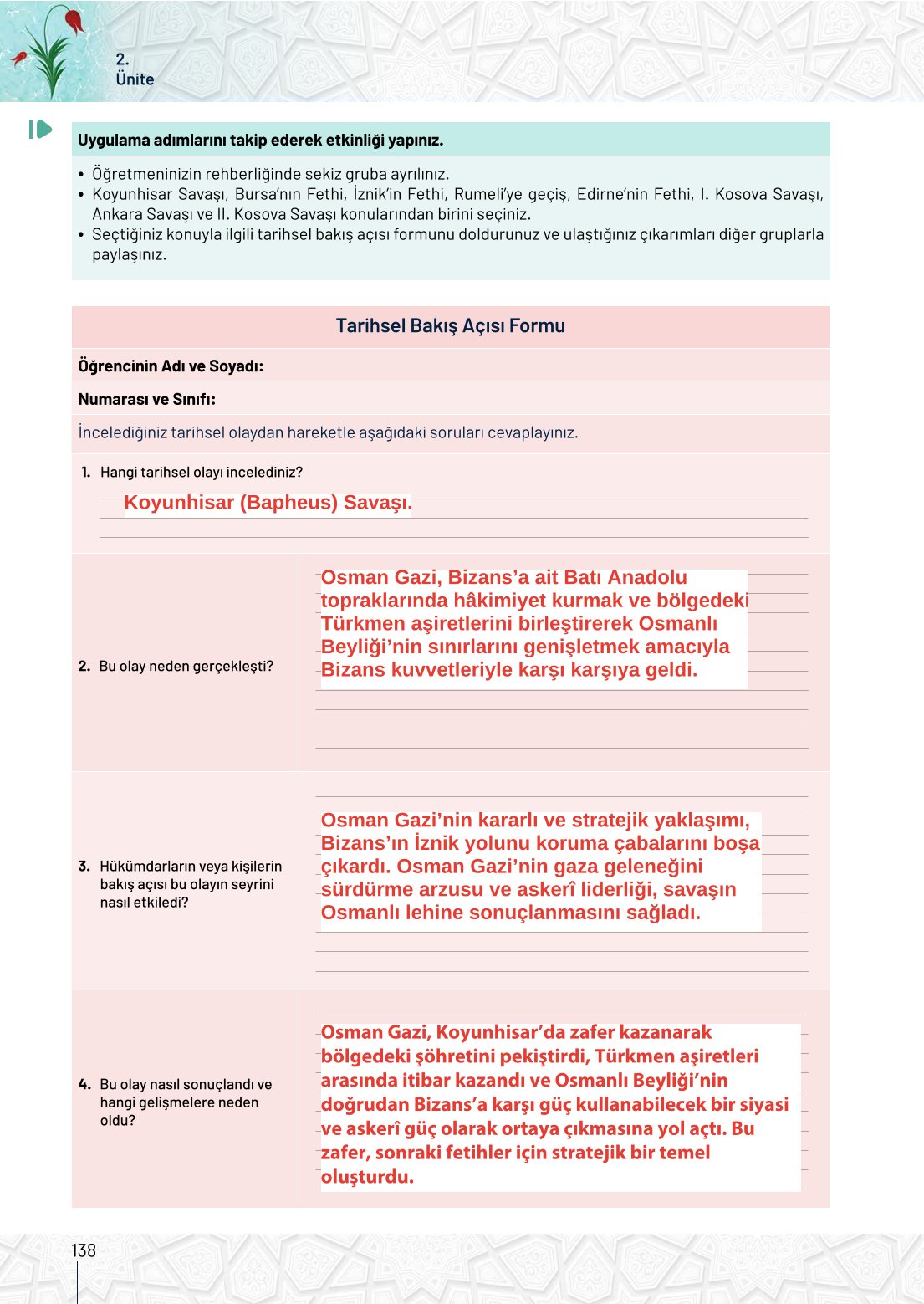 10. Sınıf Meb Yayınları Tarih Ders Kitabı Sayfa 138 Cevapları