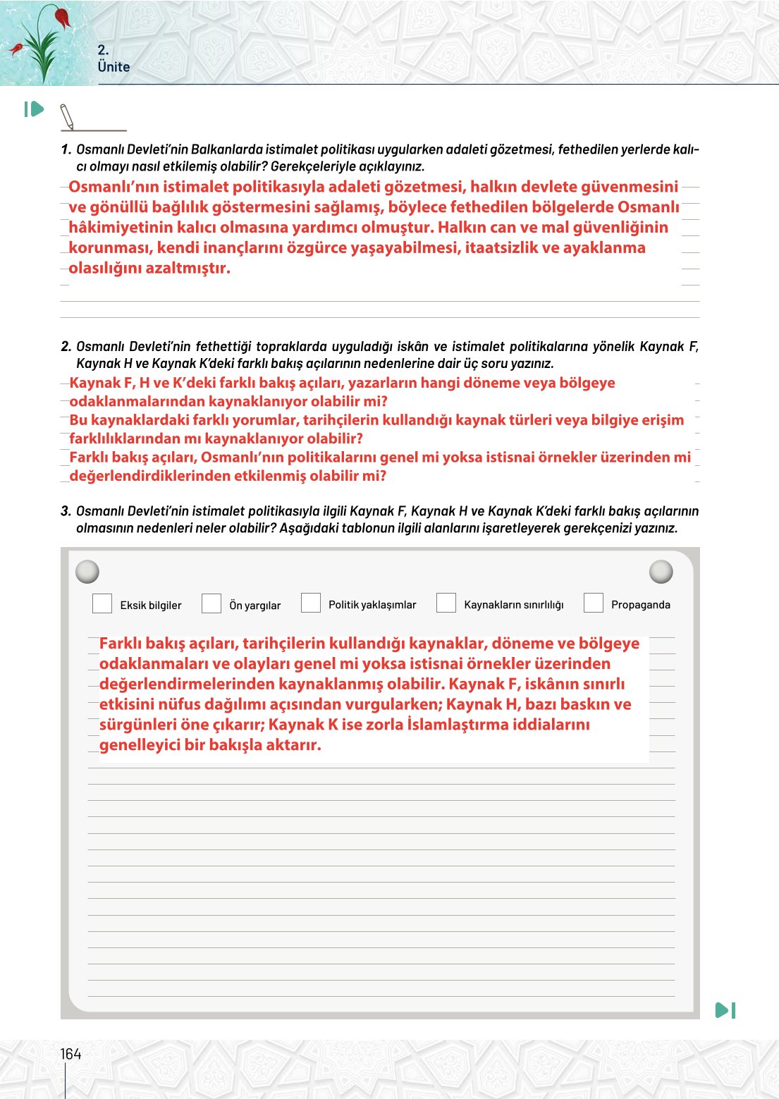 10. Sınıf Meb Yayınları Tarih Ders Kitabı Sayfa 164 Cevapları