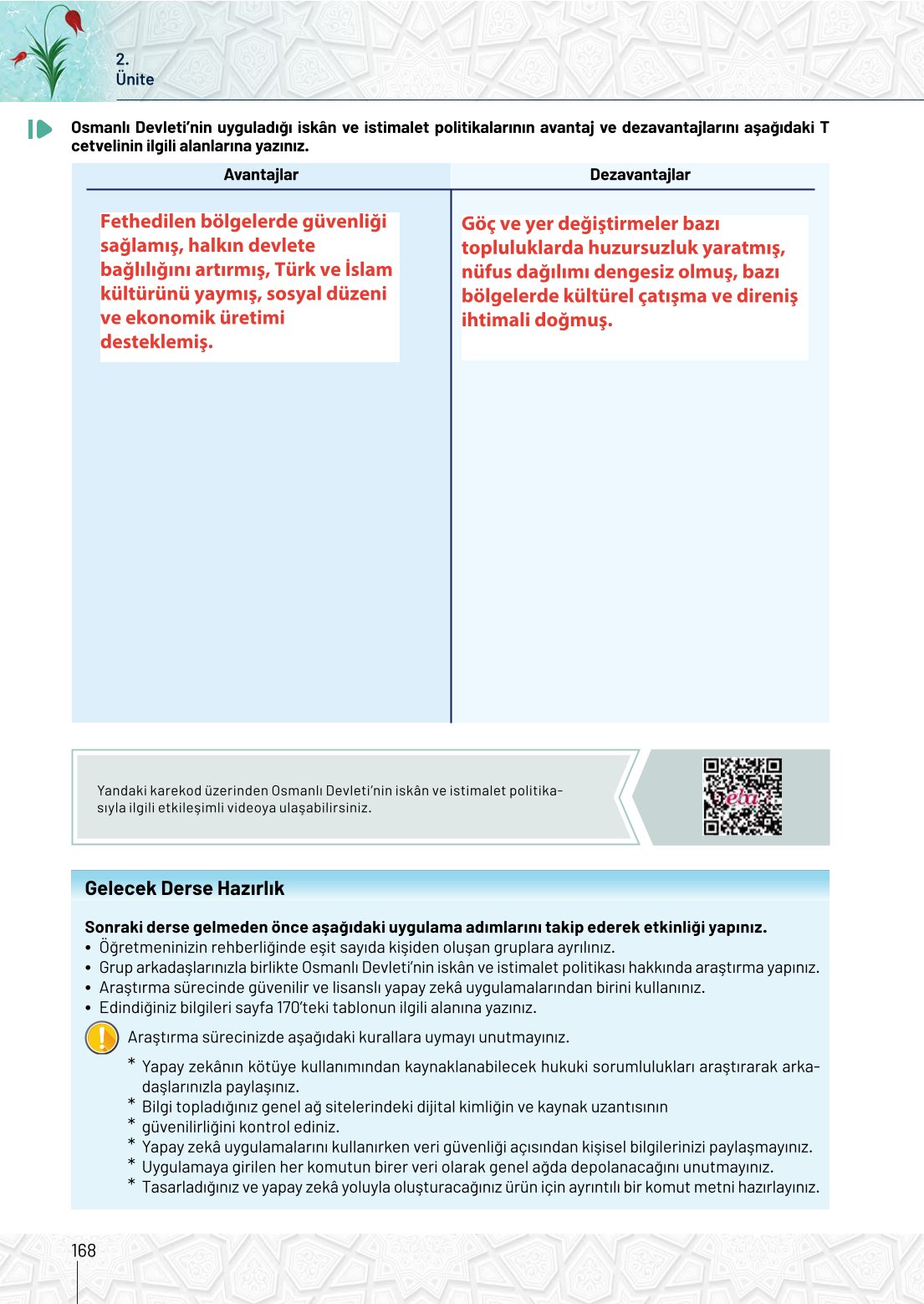 10. Sınıf Meb Yayınları Tarih Ders Kitabı Sayfa 168 Cevapları
