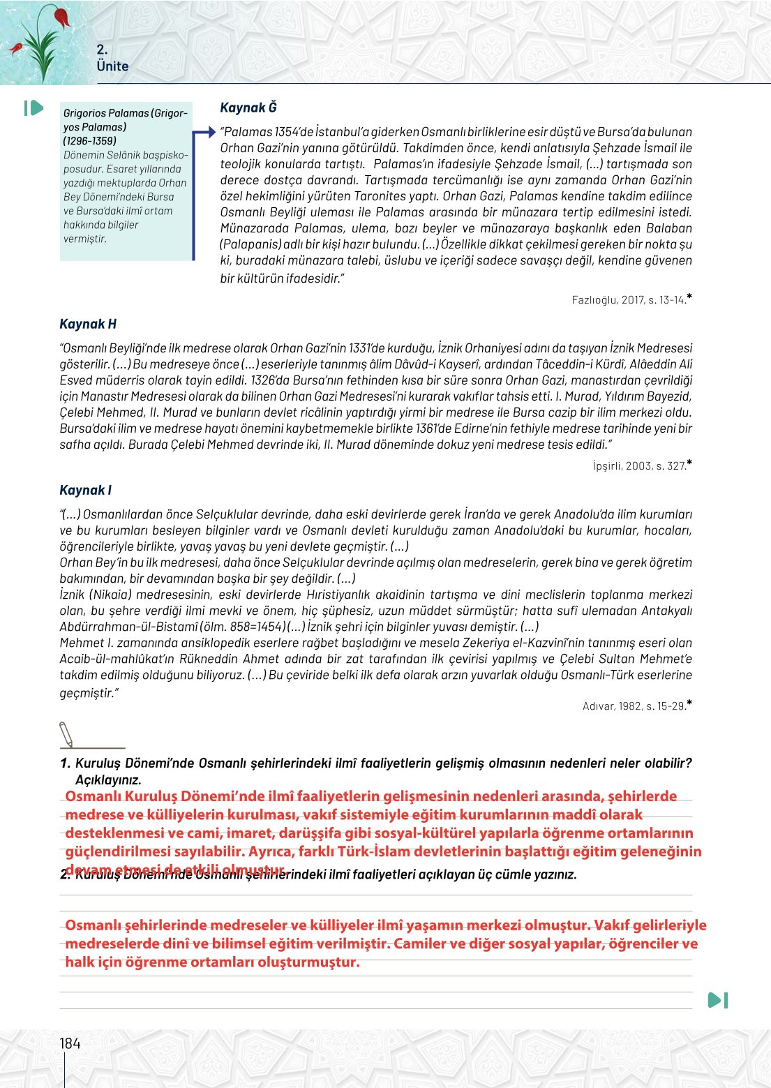 10. Sınıf Meb Yayınları Tarih Ders Kitabı Sayfa 184 Cevapları 10. Sınıf Meb Yayınları Tarih Ders Kitabı Sayfa 184 Cevapları