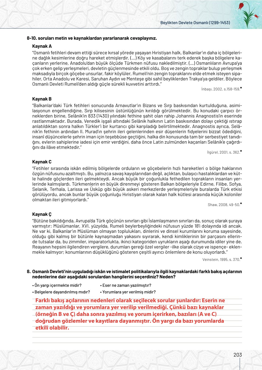 10. Sınıf Meb Yayınları Tarih Ders Kitabı Sayfa 203 Cevapları