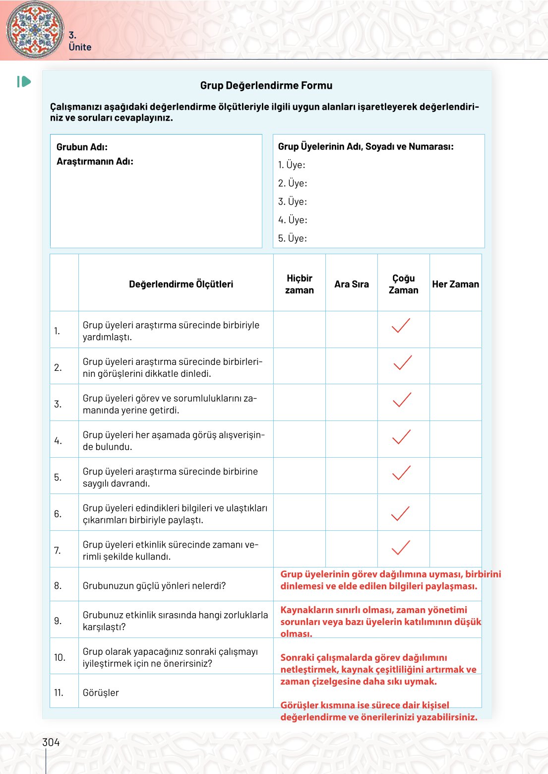 10. Sınıf Meb Yayınları Tarih Ders Kitabı Sayfa 304 Cevapları